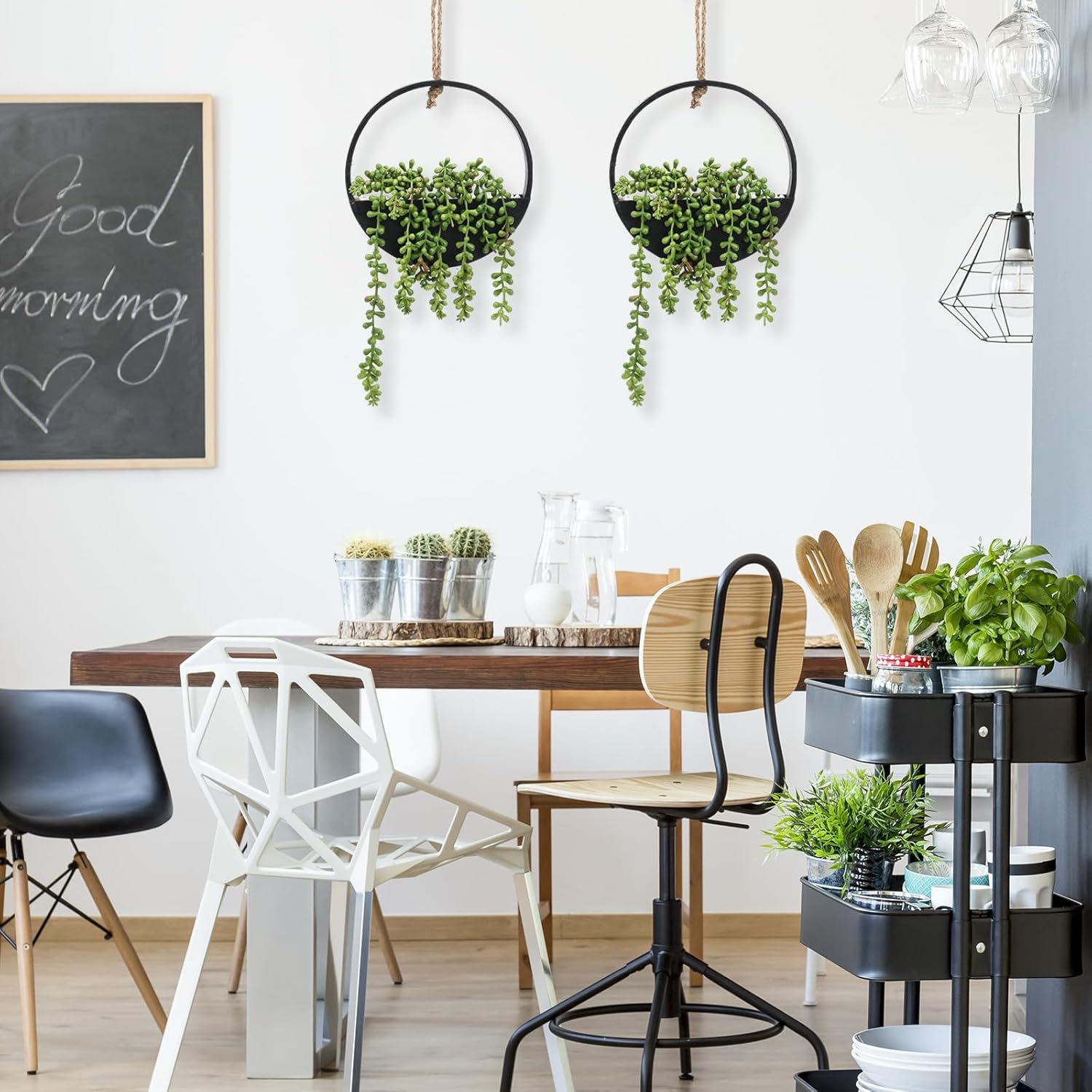 CEWOR 2pcs Artificial Hanging Succulent Plants Black Boho Wall Decor
