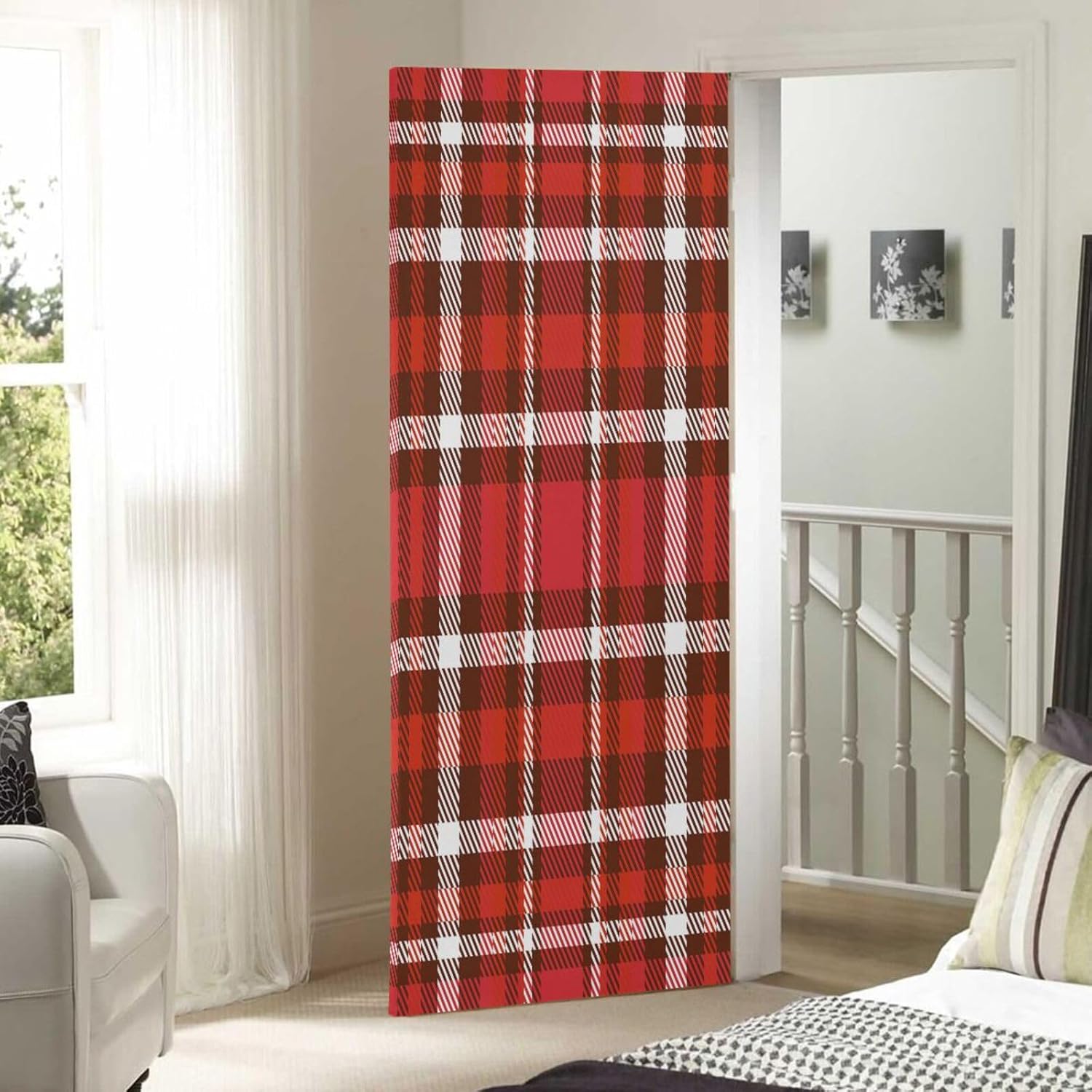 Susiyo Christmas Red Plaid Door Cover for Holidays