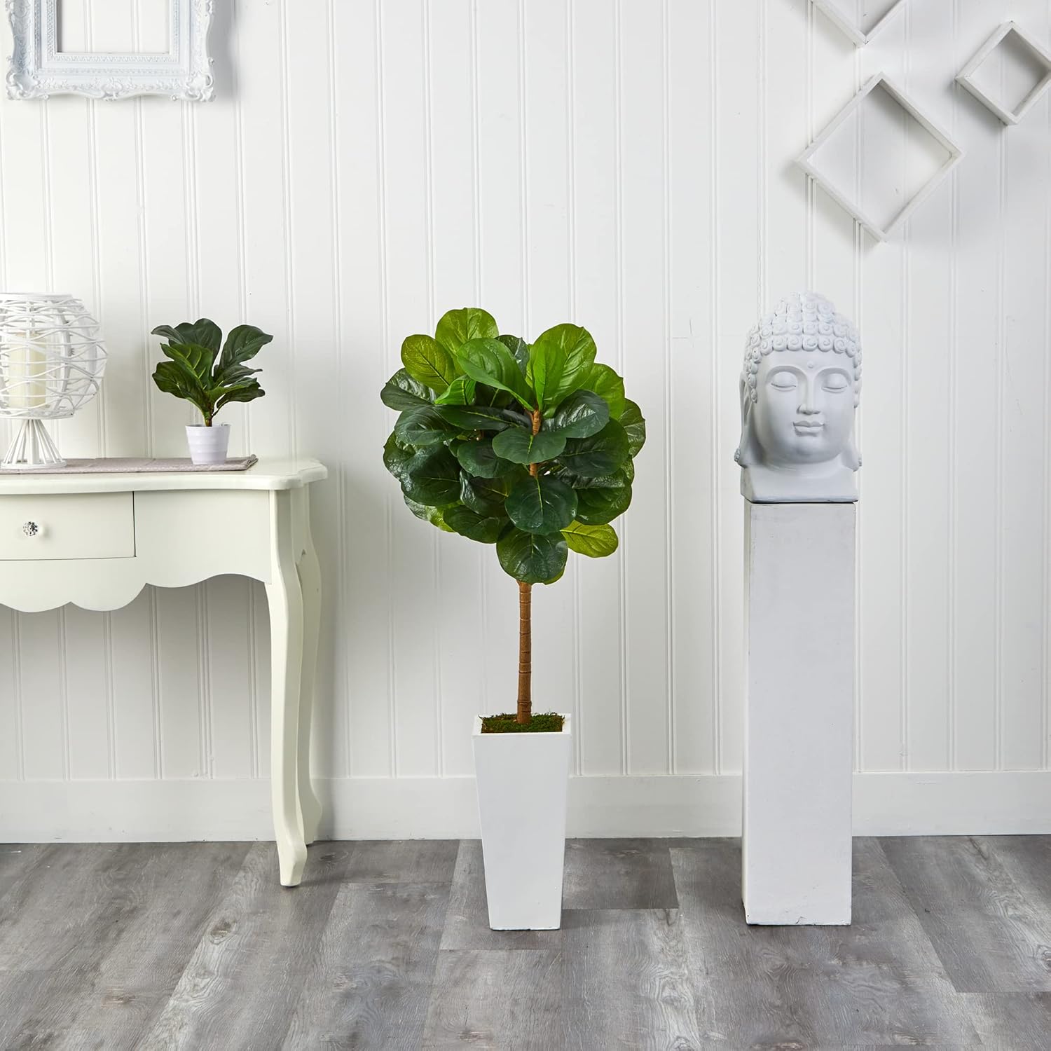 Nearly Natural 4ft Fiddle Leaf Artificial Tree in White Planter
