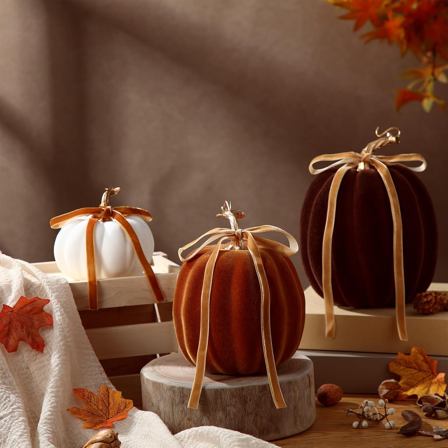 Wesiti 3 Pack Artificial Flocked Pumpkins for Fall Decor