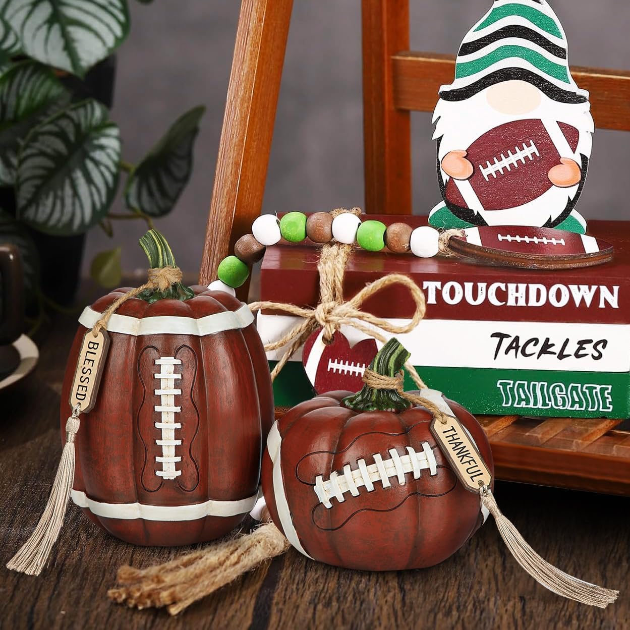 Artificial Football Pumpkins Resin Set of 2 Fall Decor