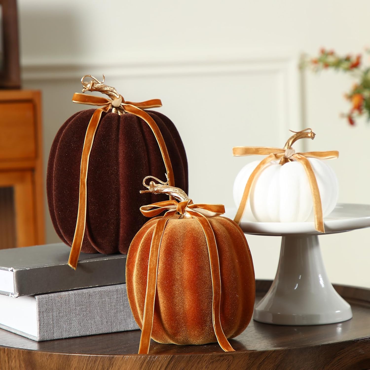 Wesiti 3 Pack Artificial Flocked Pumpkins for Fall Decor