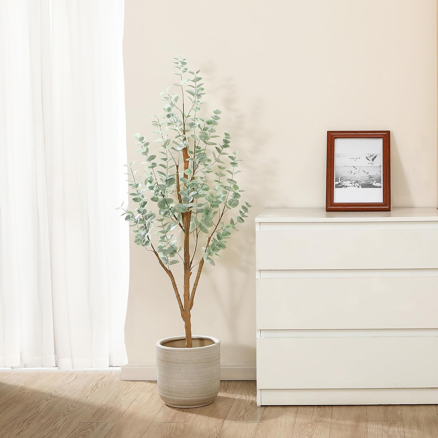 PISKOAN 4ft Artificial Eucalyptus Tree with Natural Wood Trunk and Lifelike Leaves