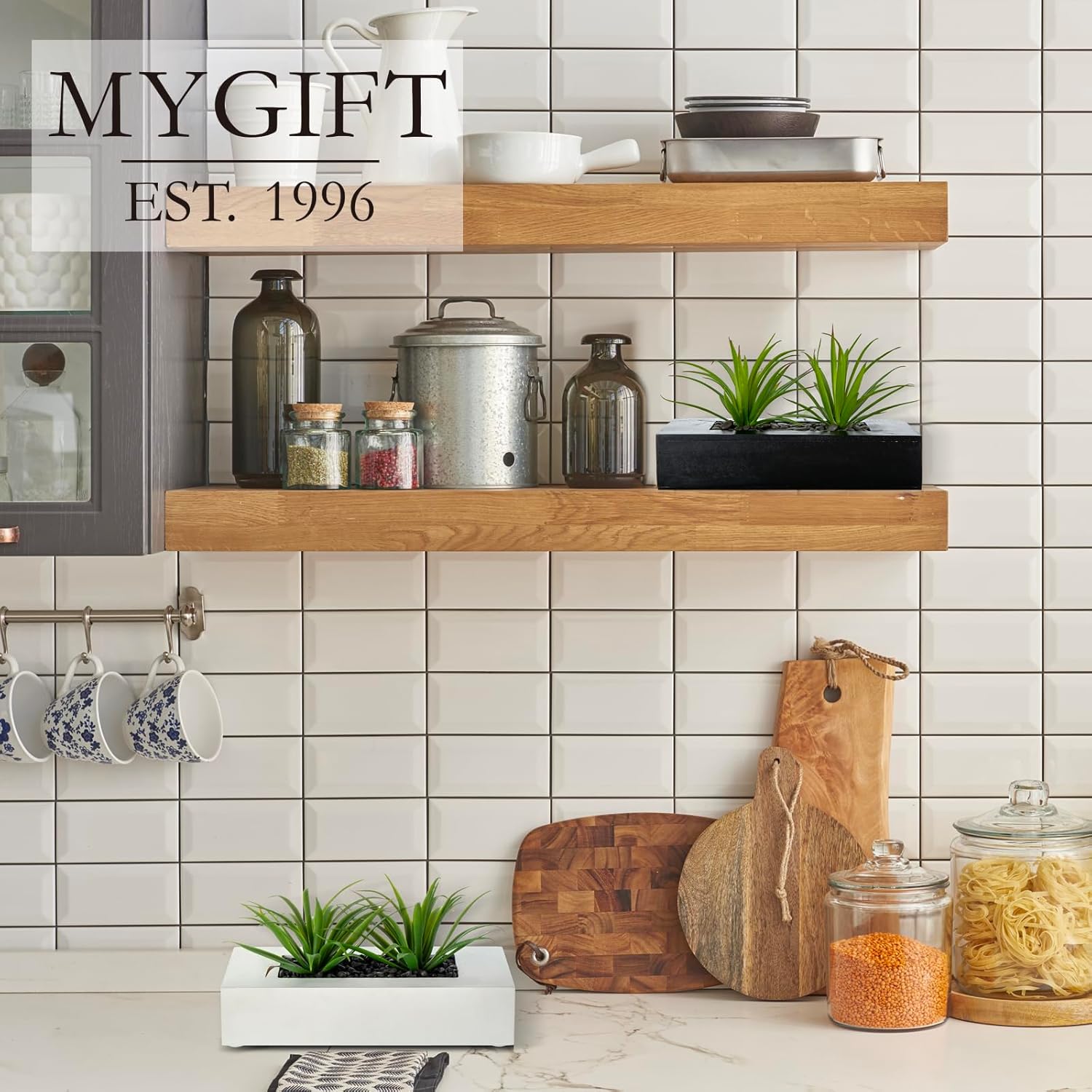 MyGift 10 Inch Artificial Grass Plants in White Wood Planter