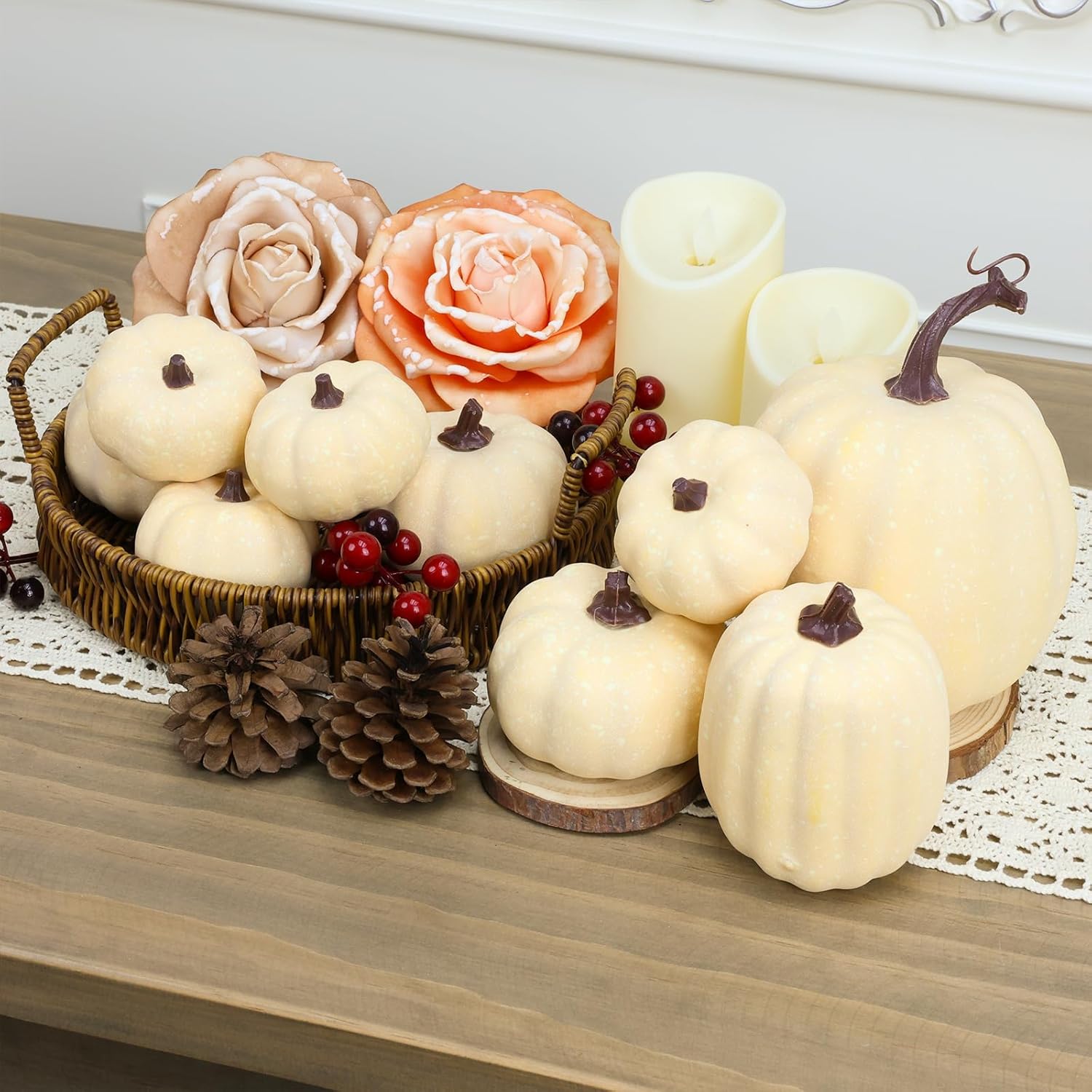 9PCS Cream Artificial Pumpkin Decor Set for Fall