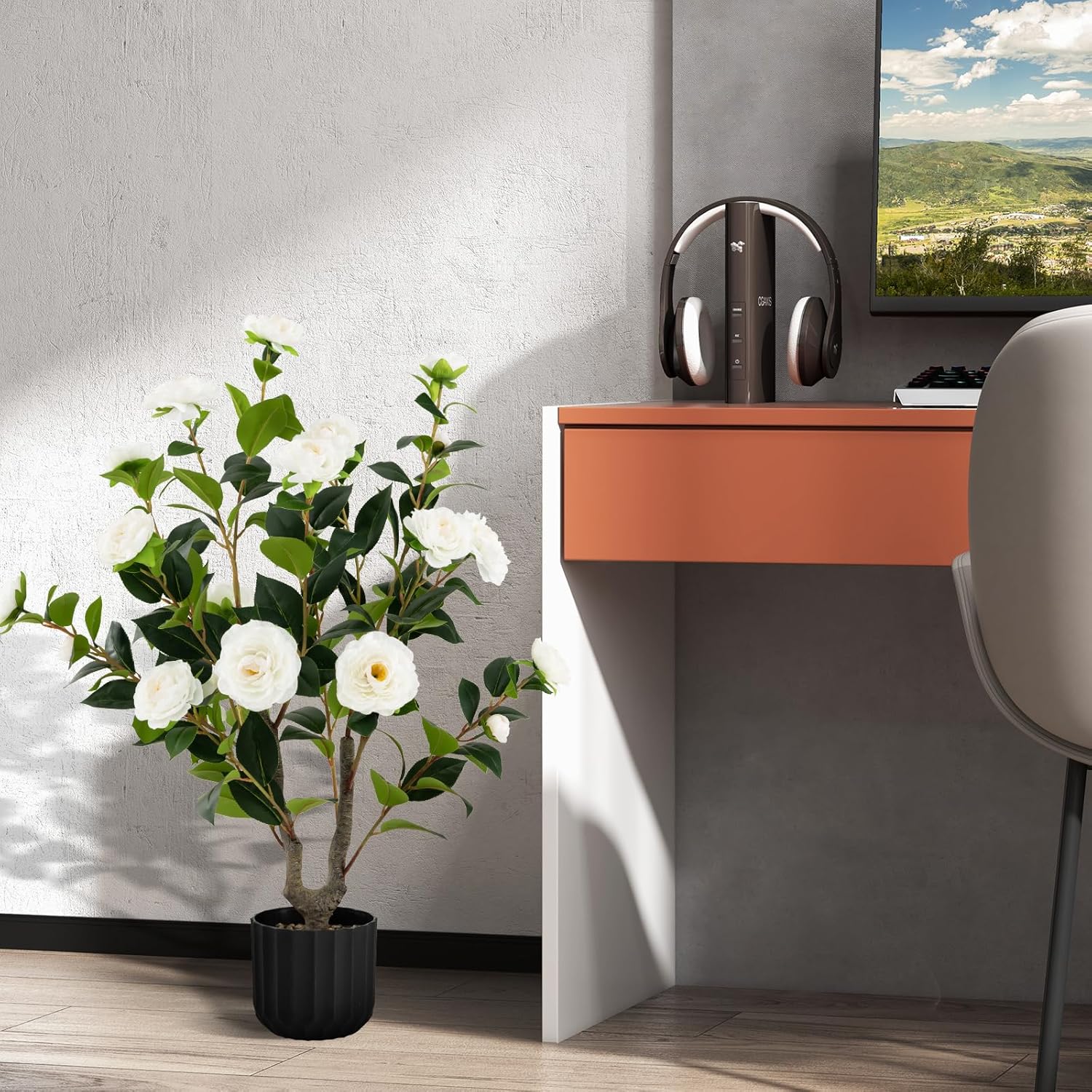 Artificial Camellia Tree Set 2 38 Inch Tall Potted Decor