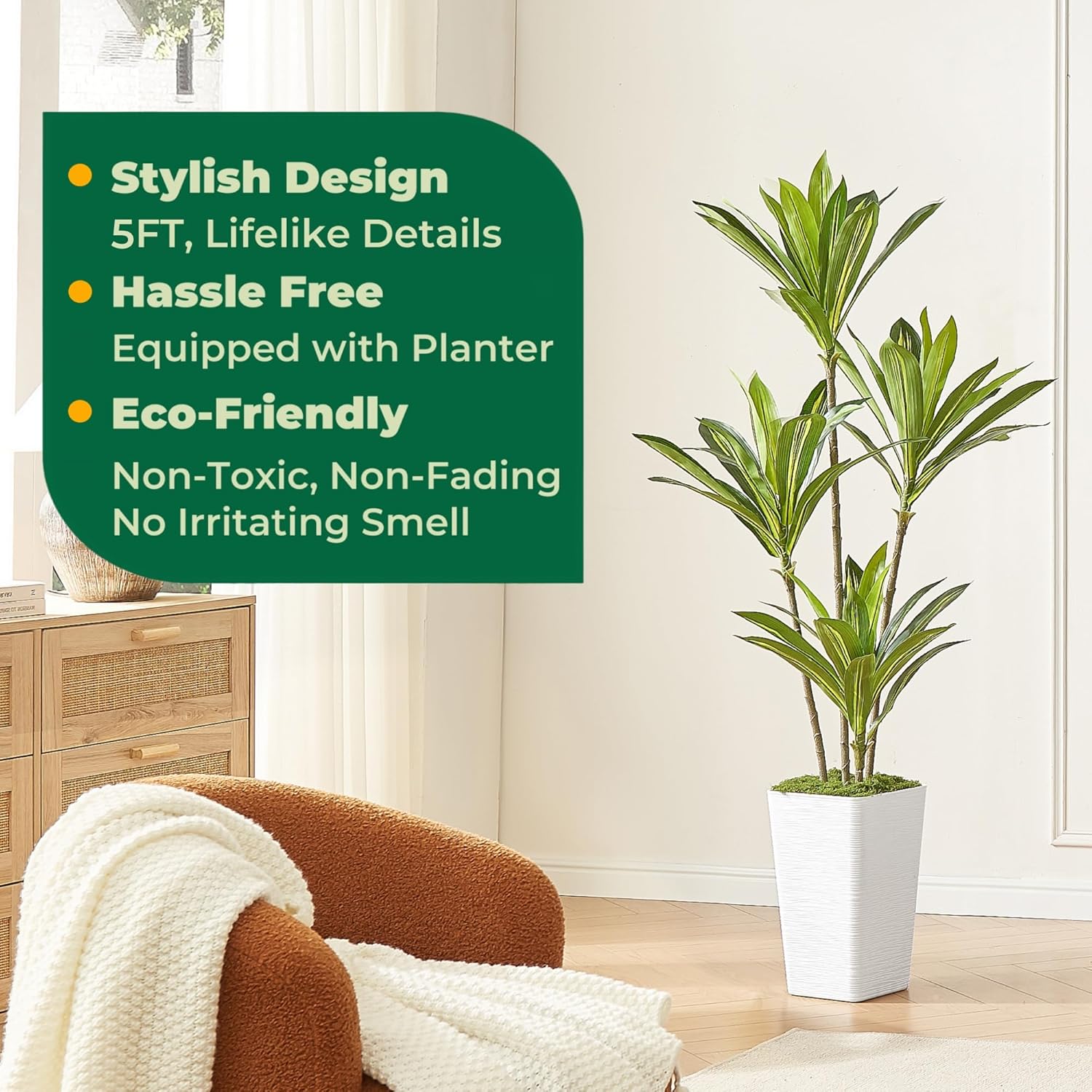 5FT Artificial Dracaena Tree with White Planter and Green Moss