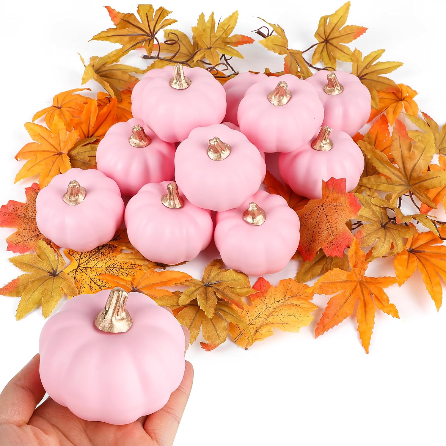 FOIMAS 12pcs Pink Artificial Pumpkins Fall Decor