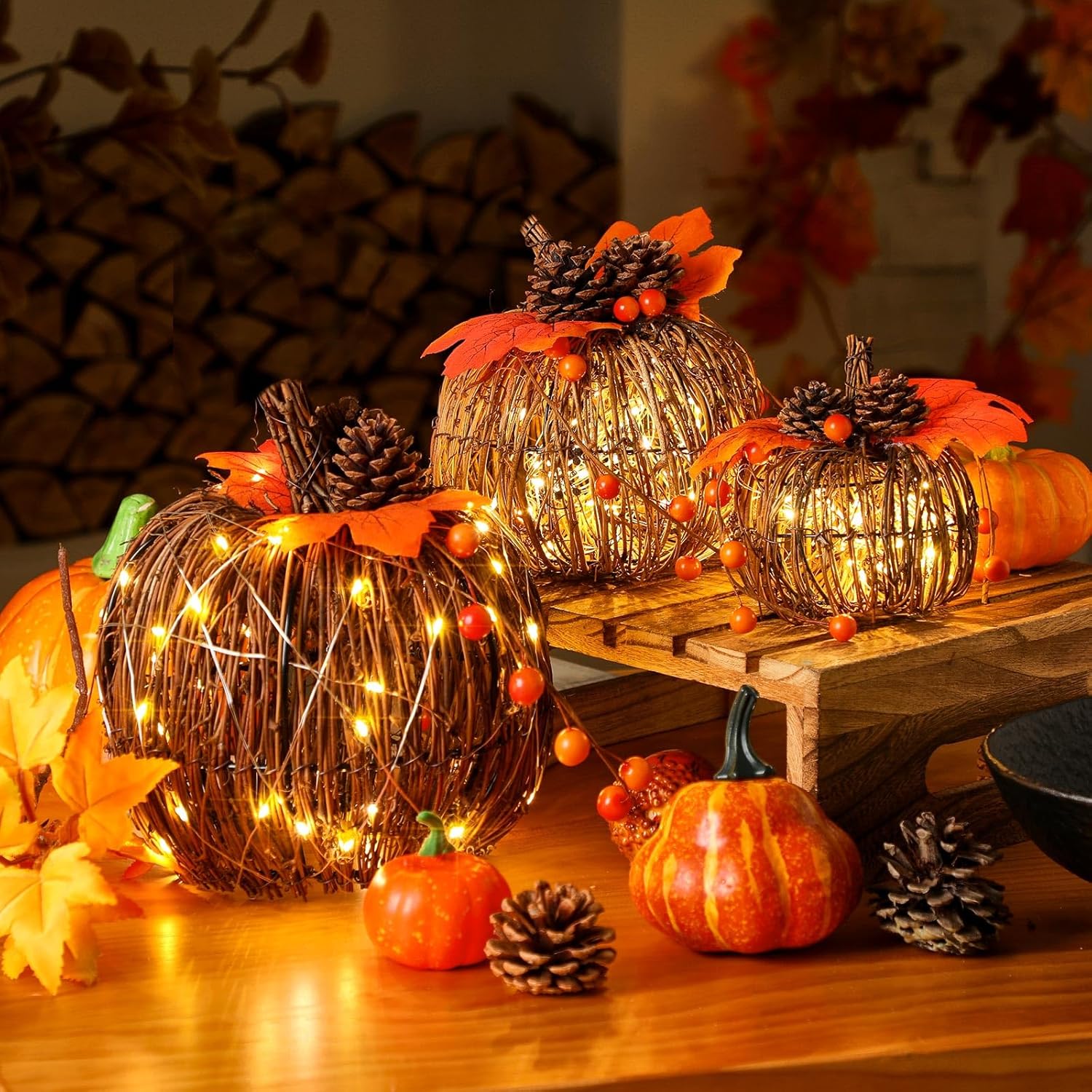 3 Pcs Rattan Lighted Pumpkin Fall Decorations