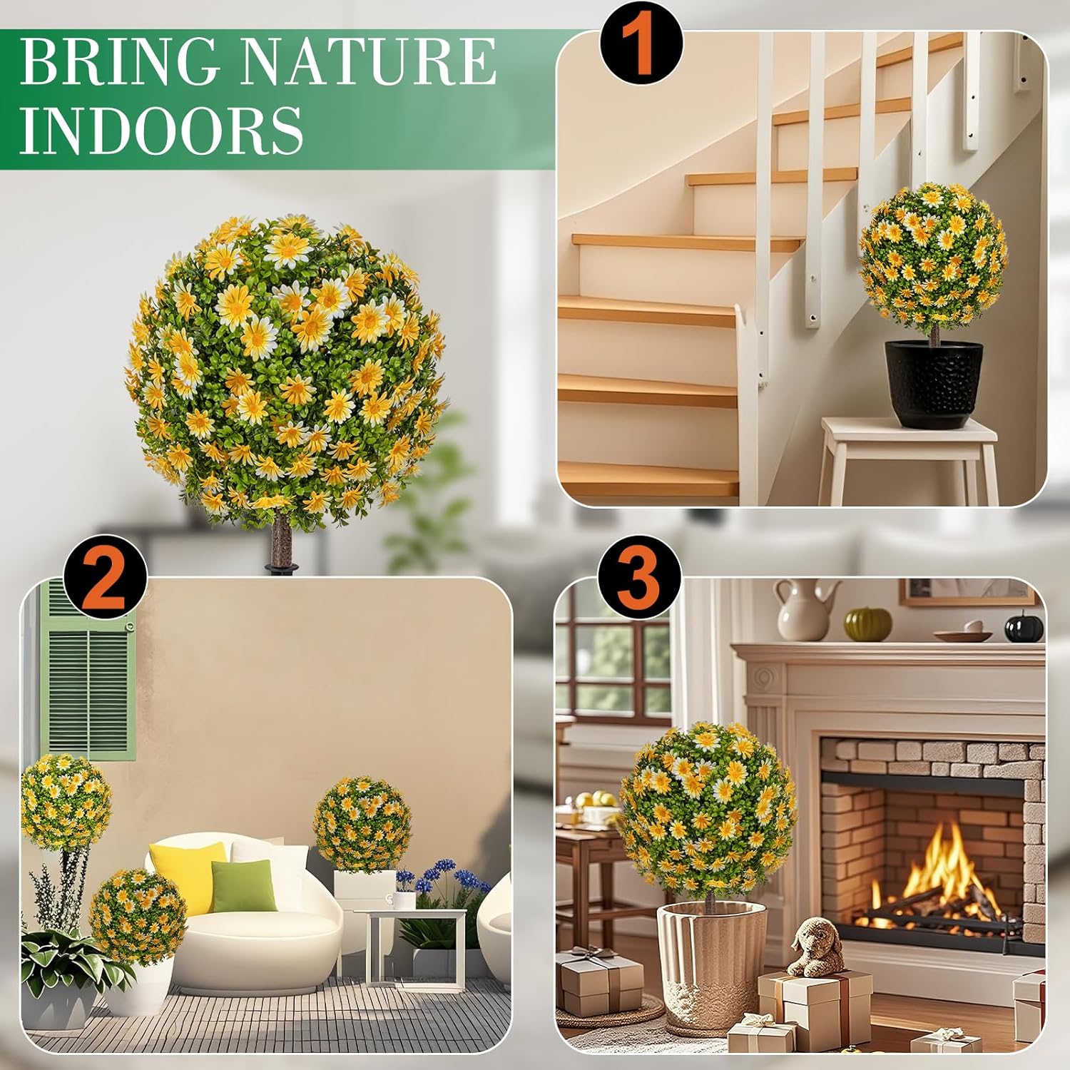 25 Inch Artificial Boxwood Topiary Ball with Yellow Sunflowers Set of 2