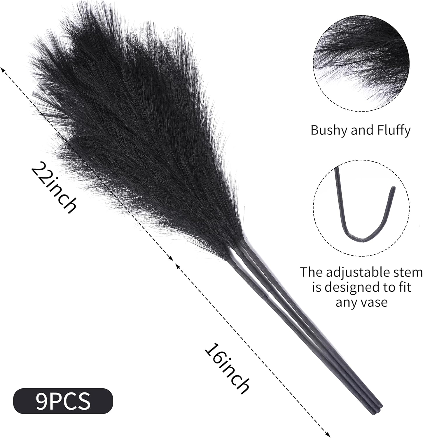 9 Stems Black Artificial Pampas Grass - 38 Inch Tall Decor