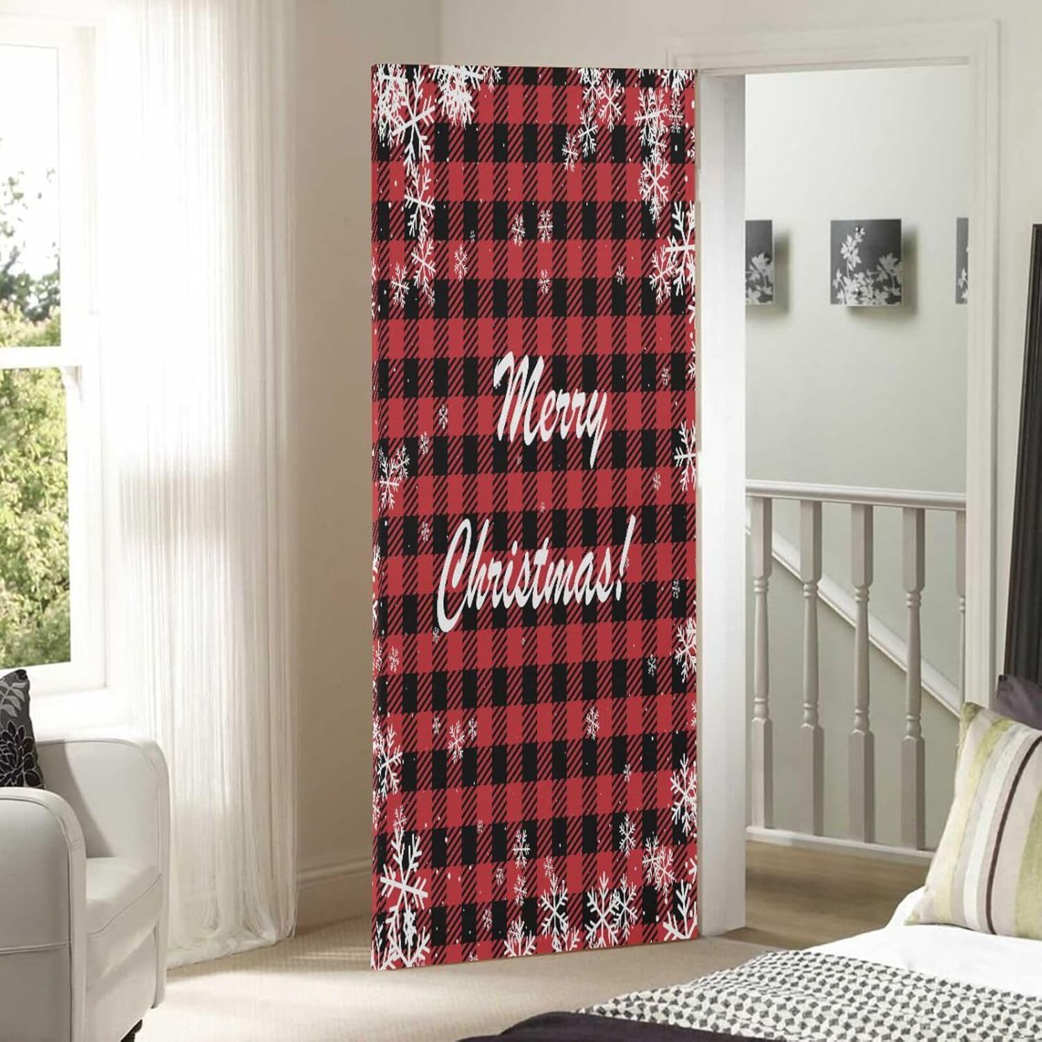 Susiyo Christmas Snowflakes Buffalo Plaid Door Cover 32x79 in