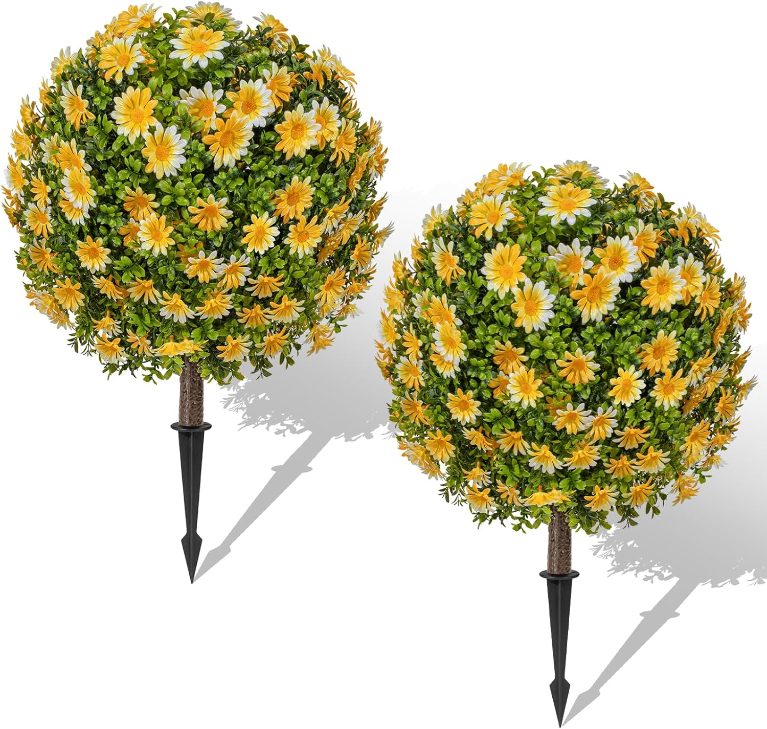 25 Inch Artificial Boxwood Topiary Ball with Yellow Sunflowers Set of 2