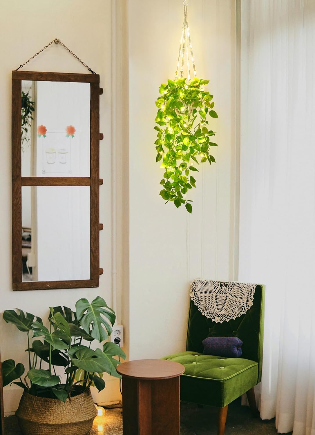 Mkono Fake Hanging Plant with Lights for Home Decor