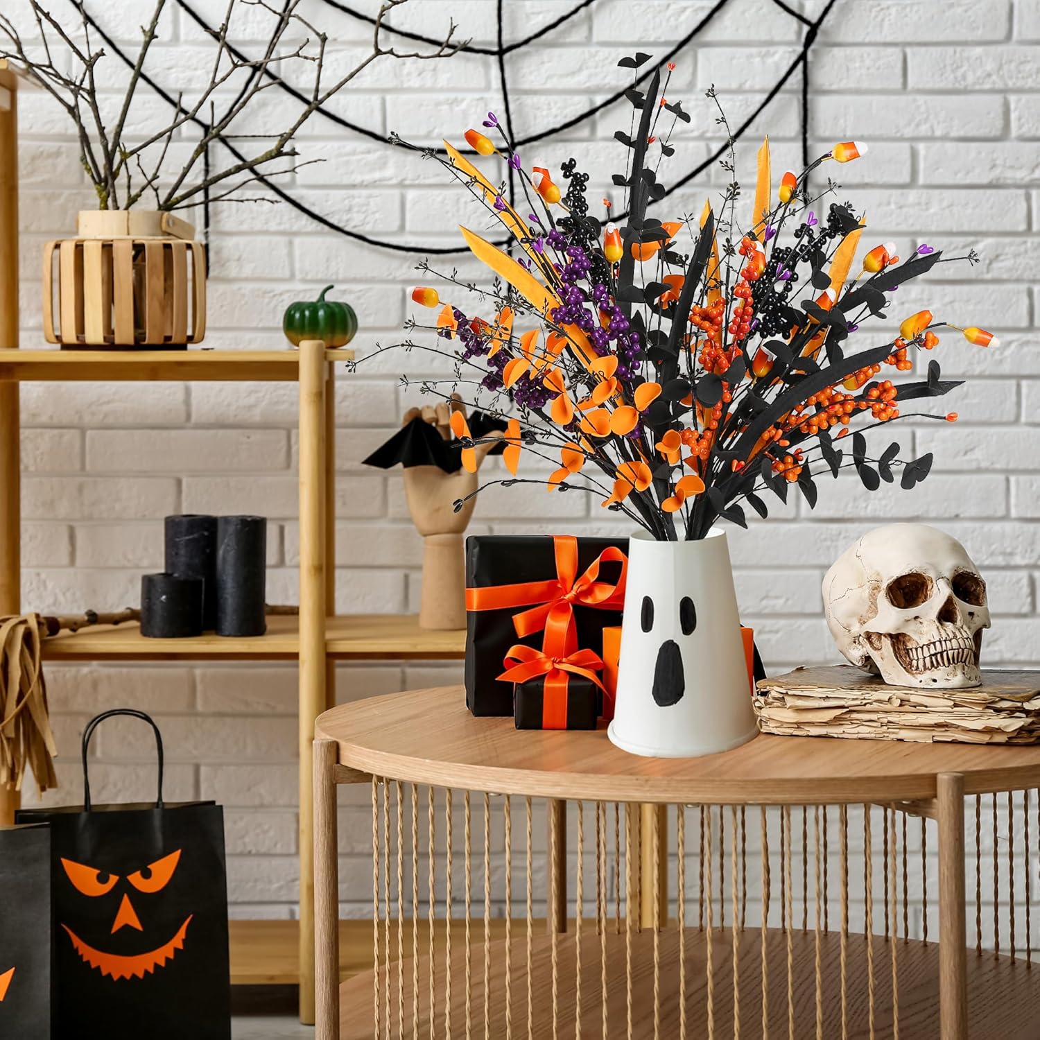 6 Pcs Artificial Halloween Stem Decor with Berries and Leaves
