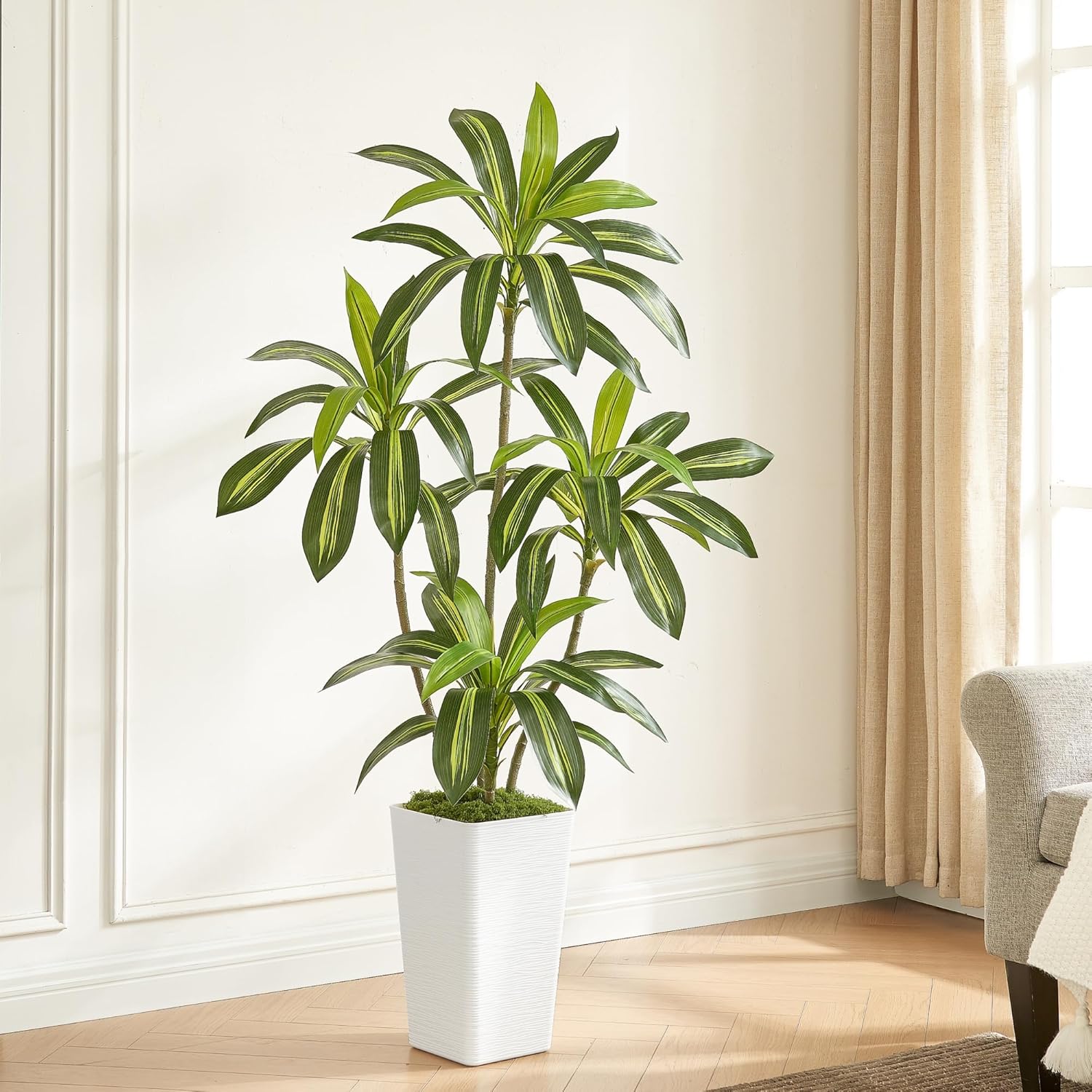 5FT Artificial Dracaena Tree with White Planter and Green Moss