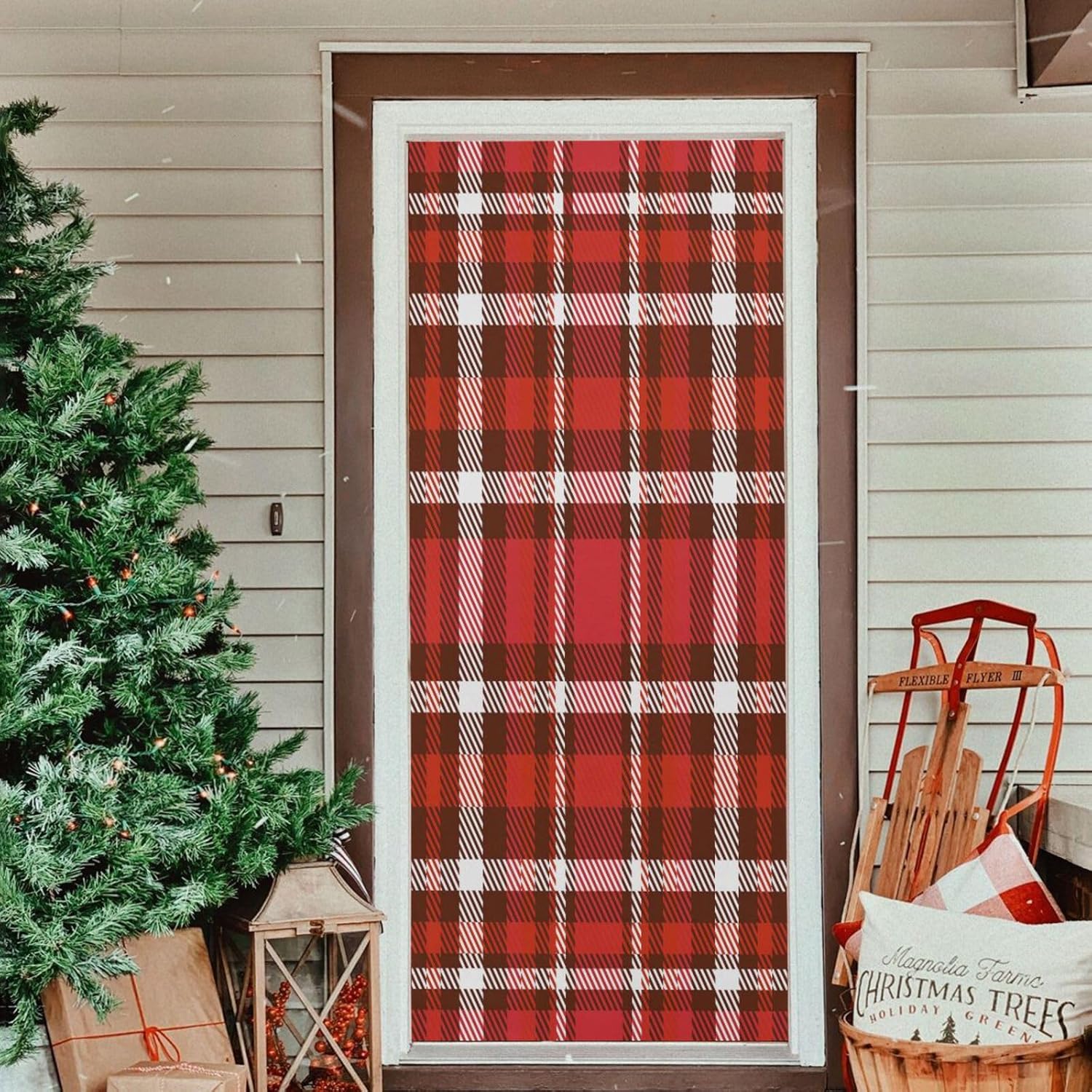Susiyo Christmas Red Plaid Door Cover for Holidays