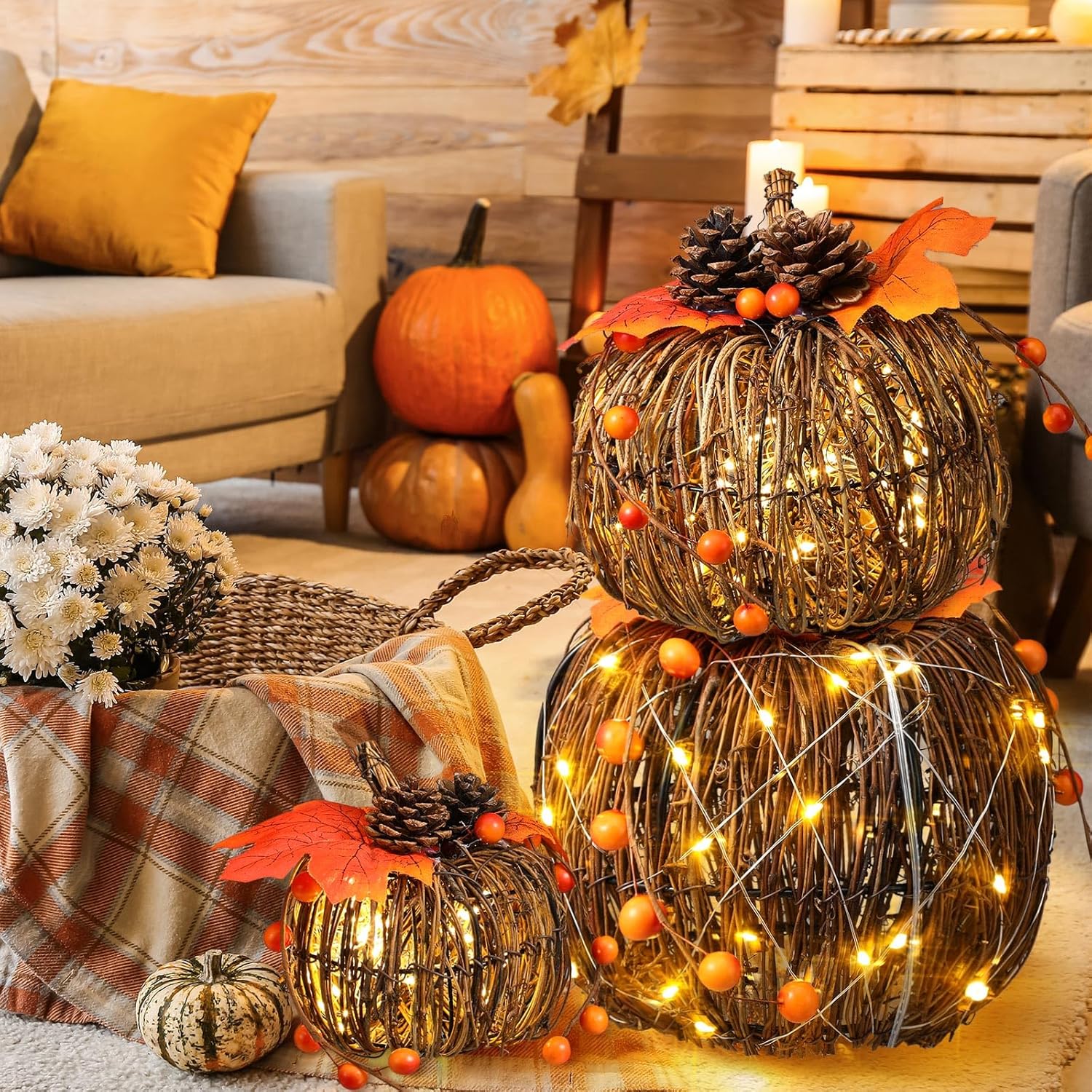 3 Pcs Rattan Lighted Pumpkin Fall Decorations