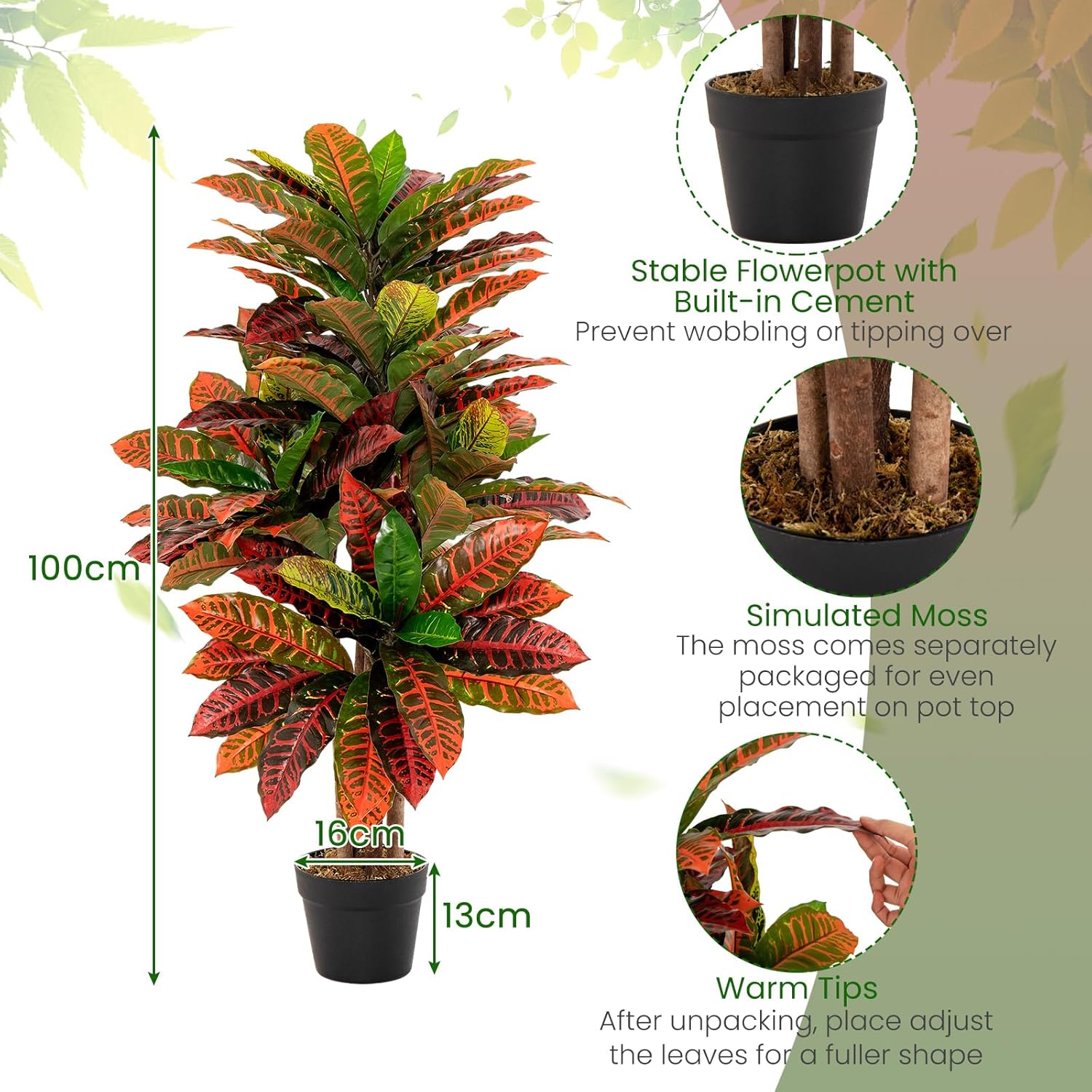 HAPPYGRILL Artificial Croton Plant 40 Tall with Pot