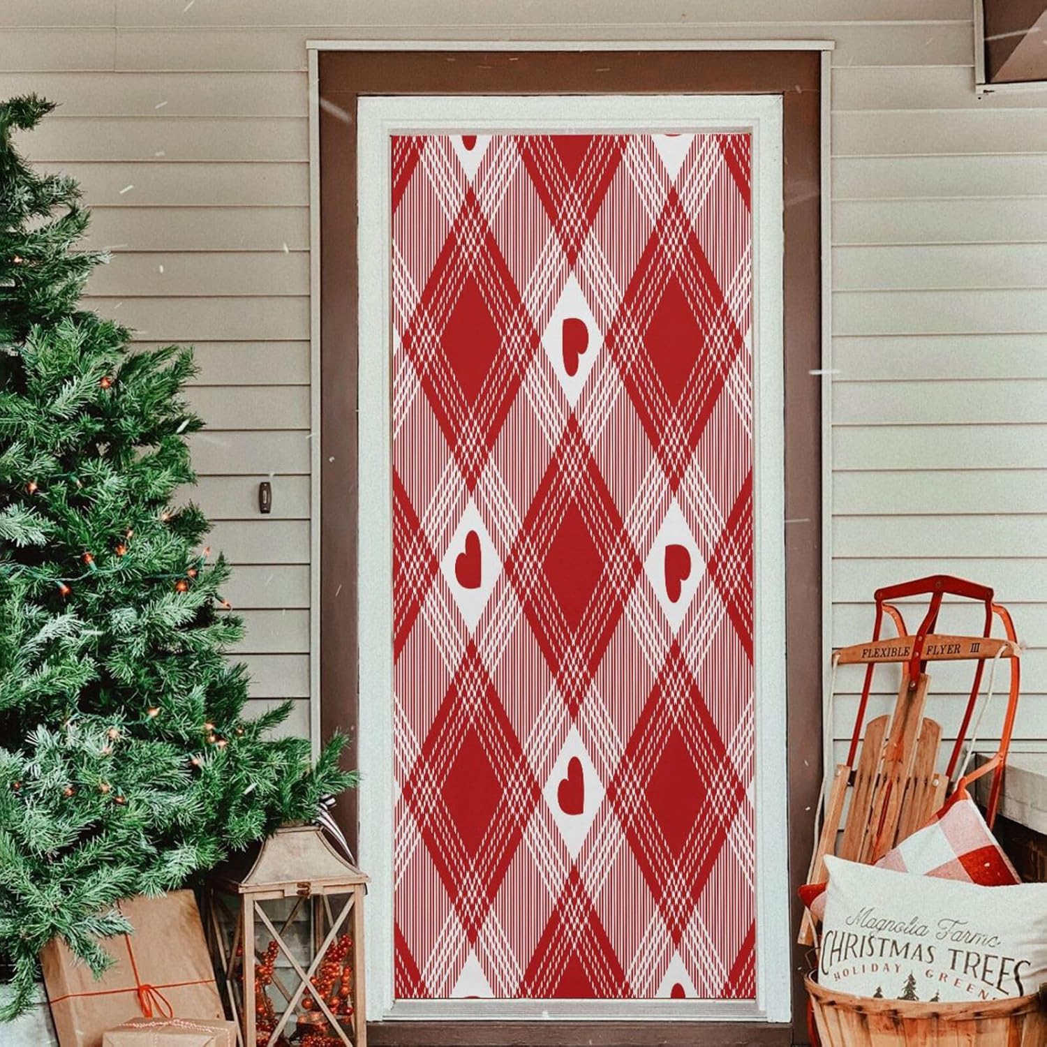 Susiyo Red Heart Plaid Door Cover 35x79 Inch
