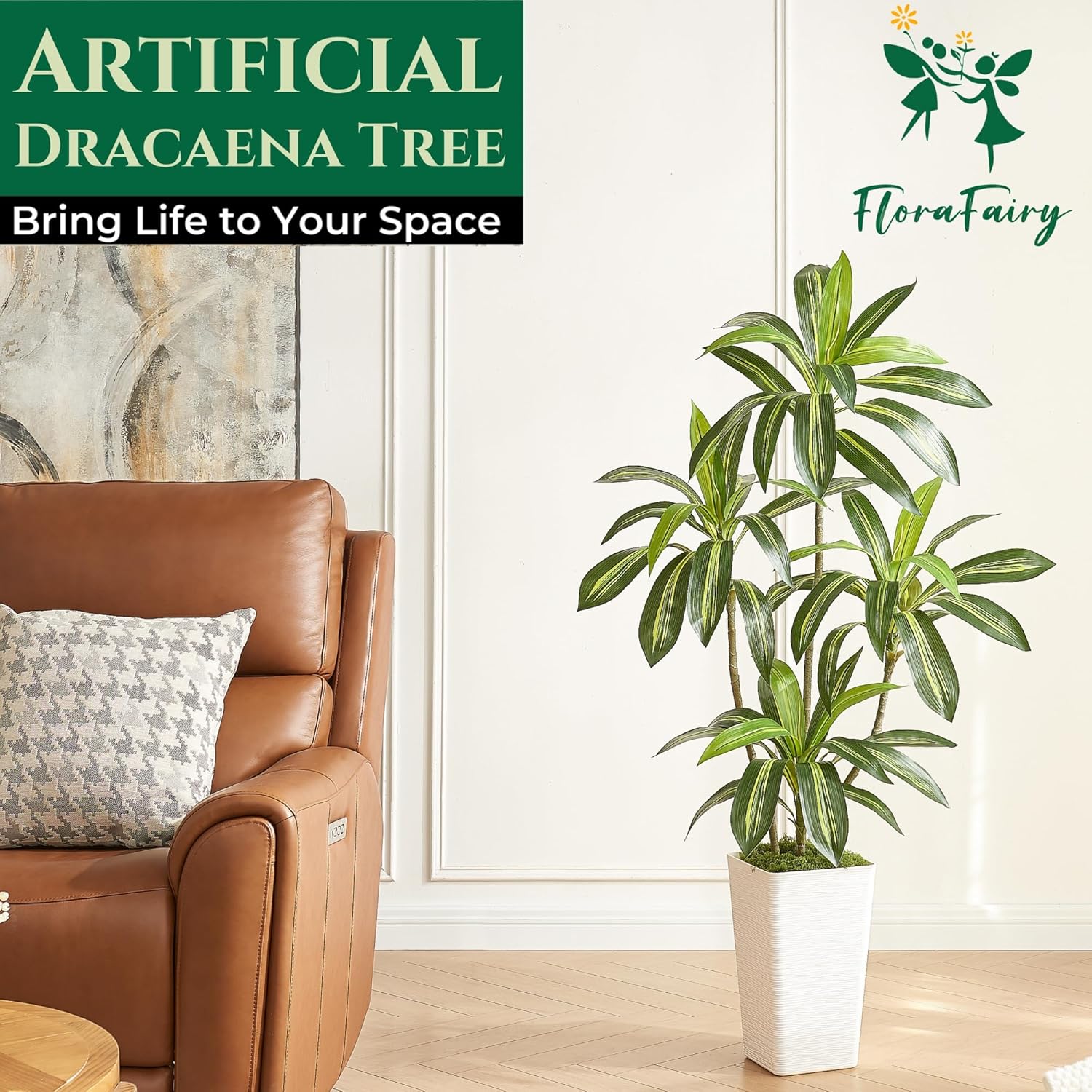 5FT Artificial Dracaena Tree with White Planter and Green Moss