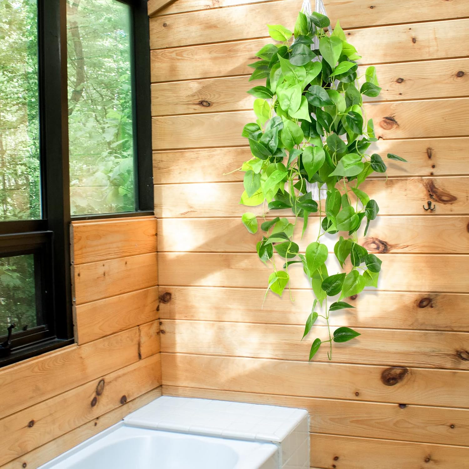 LOYWREE 354in Artificial Hanging Potted Greenery with Black Pot and Faux Ivy Vine