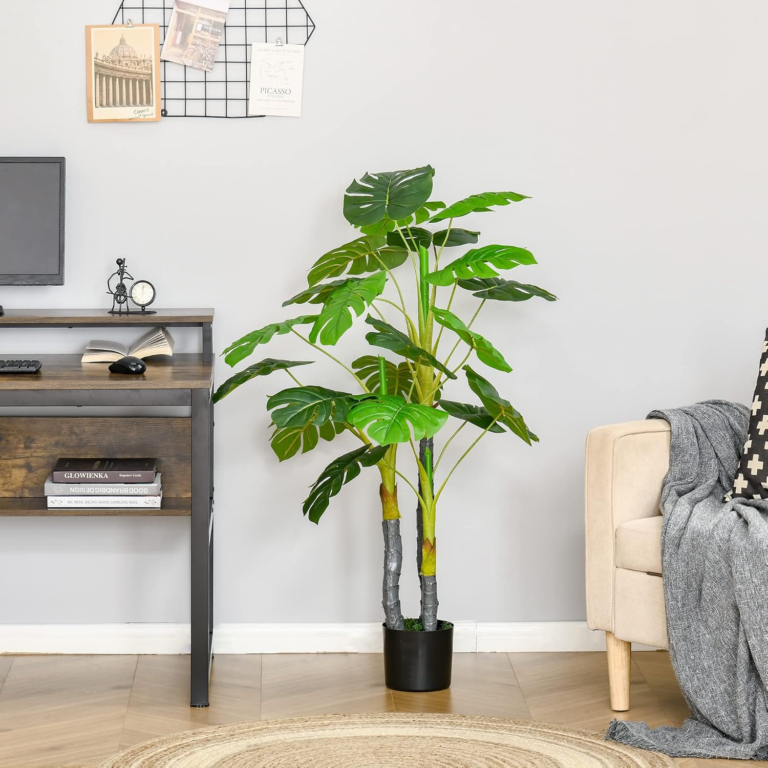 HOMCOM 4FT Artificial Monstera Tree with Black Pot