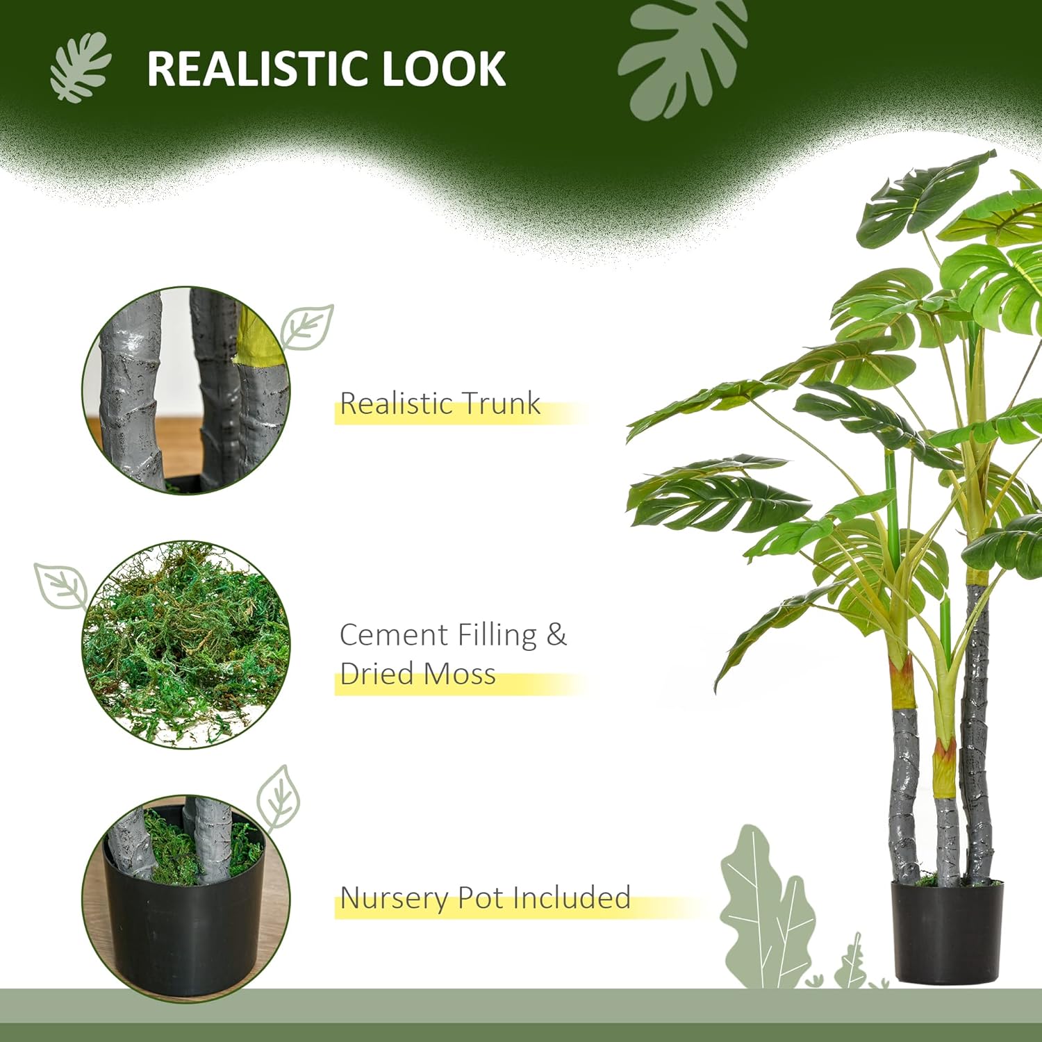 HOMCOM 4FT Artificial Monstera Tree with Black Pot