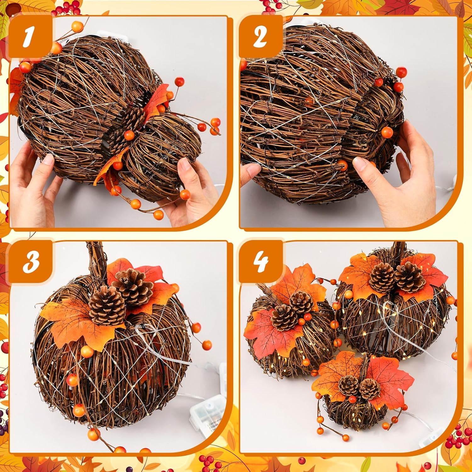 3 Pcs Rattan Lighted Pumpkin Fall Decorations
