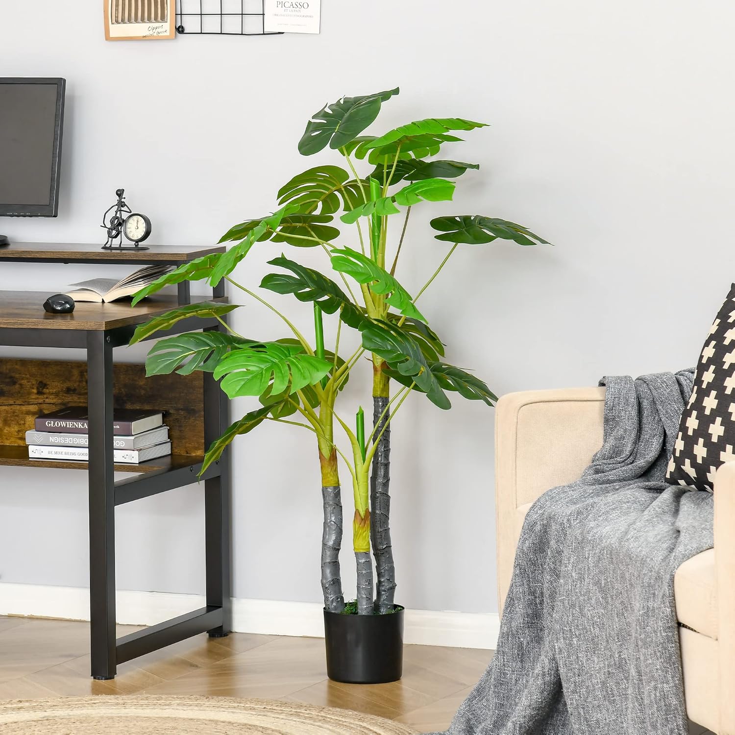 HOMCOM 4FT Artificial Monstera Tree with Black Pot