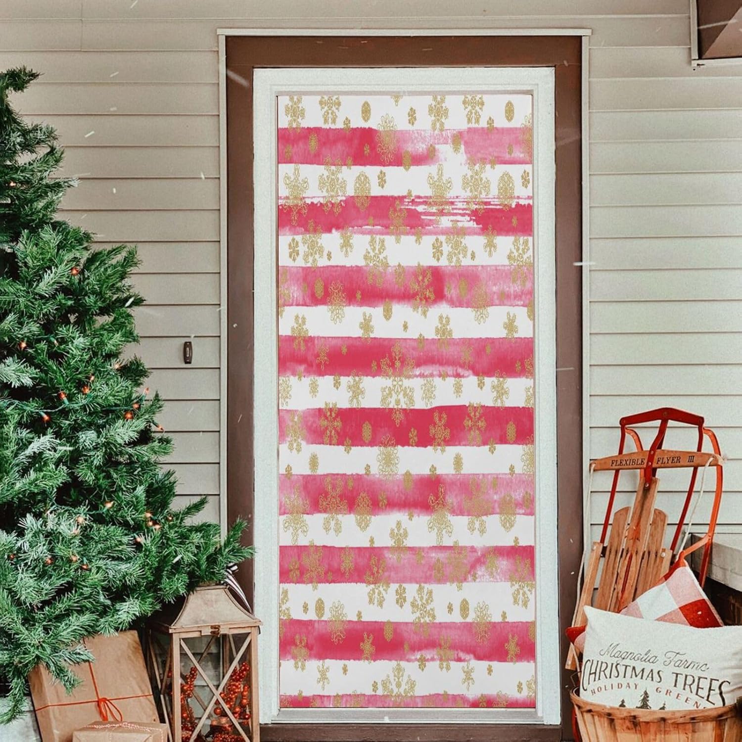 Susiyo Gold Snowflakes Striped Christmas Door Cover 32x79 in