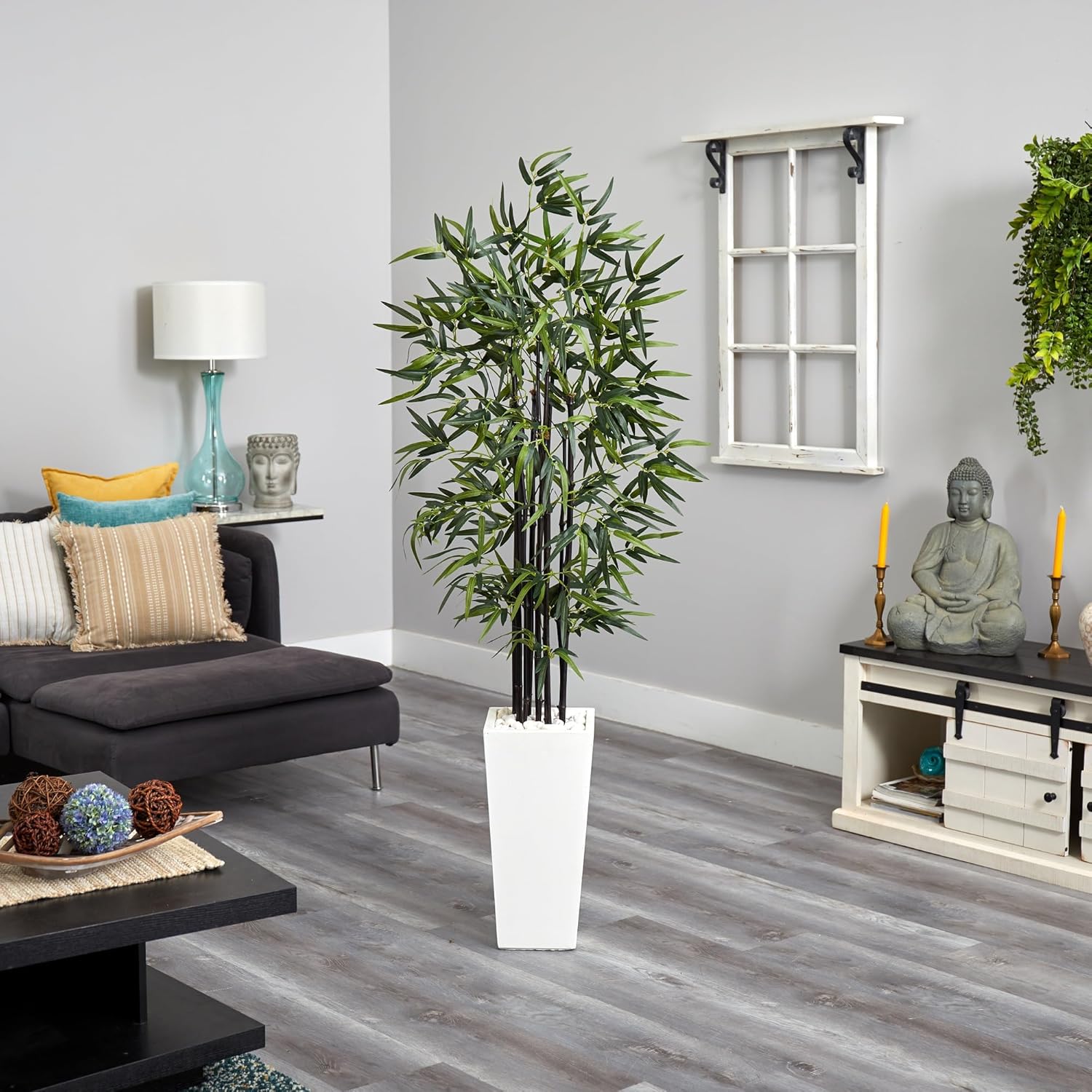Nearly Natural 5864 Black Bamboo Artificial Tree in White Planter