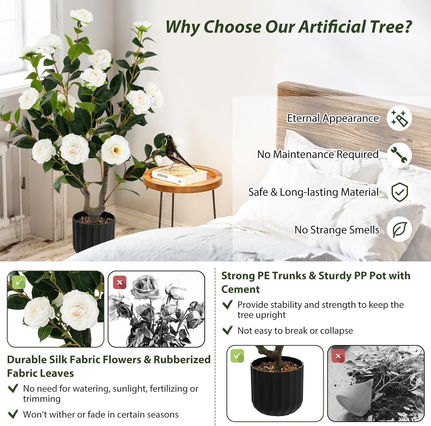 Artificial Camellia Tree Set 2 38 Inch Tall Potted Decor