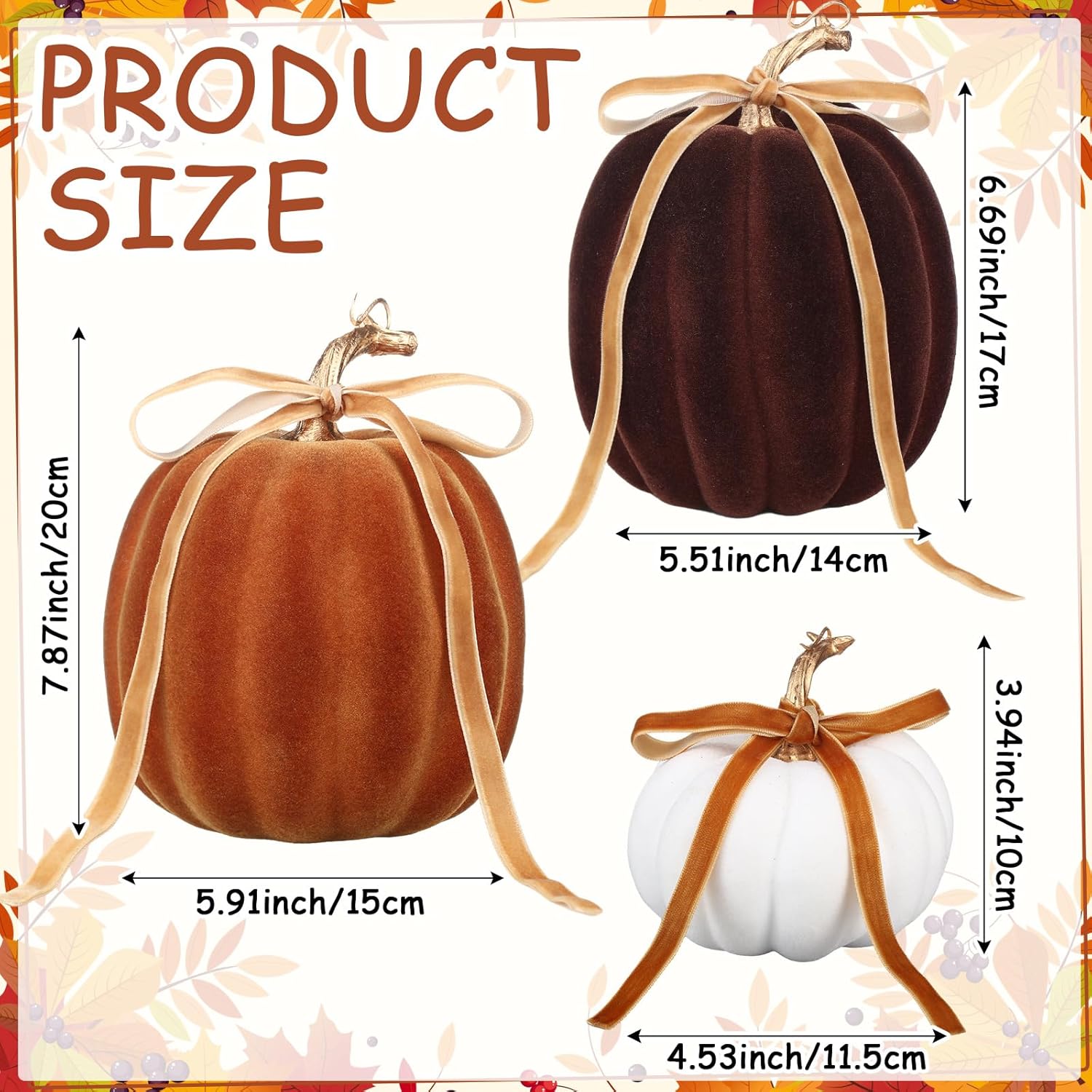 Wesiti 3 Pack Artificial Flocked Pumpkins for Fall Decor