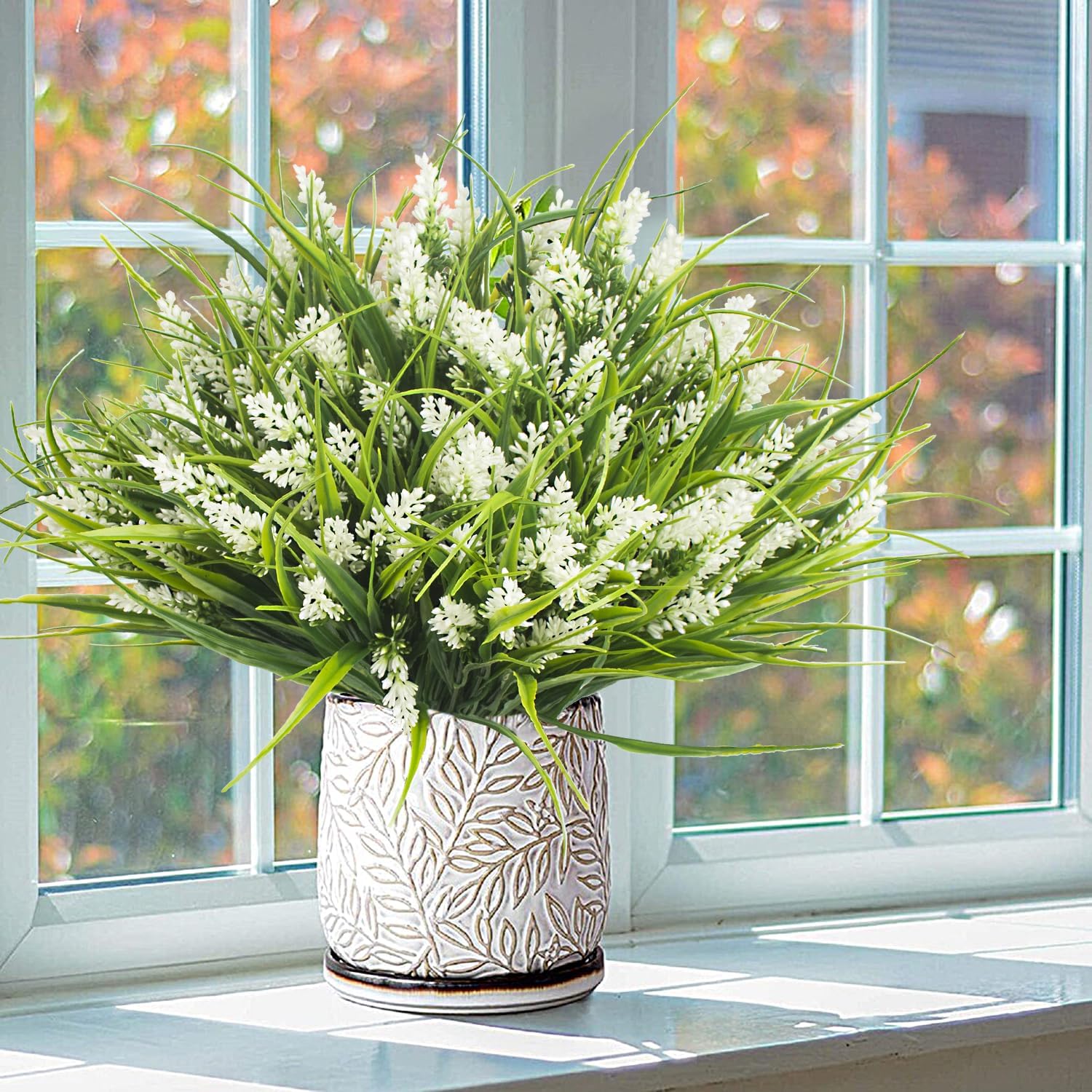 20 Bundles Artificial Plants Outdoor Fake Monkey Grass with Flowers White