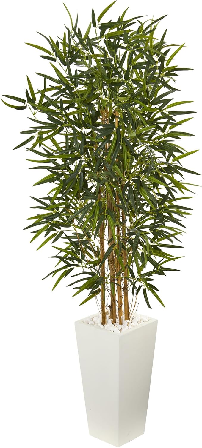 Nearly Natural 55ft Bamboo Artificial Tree in White Planter
