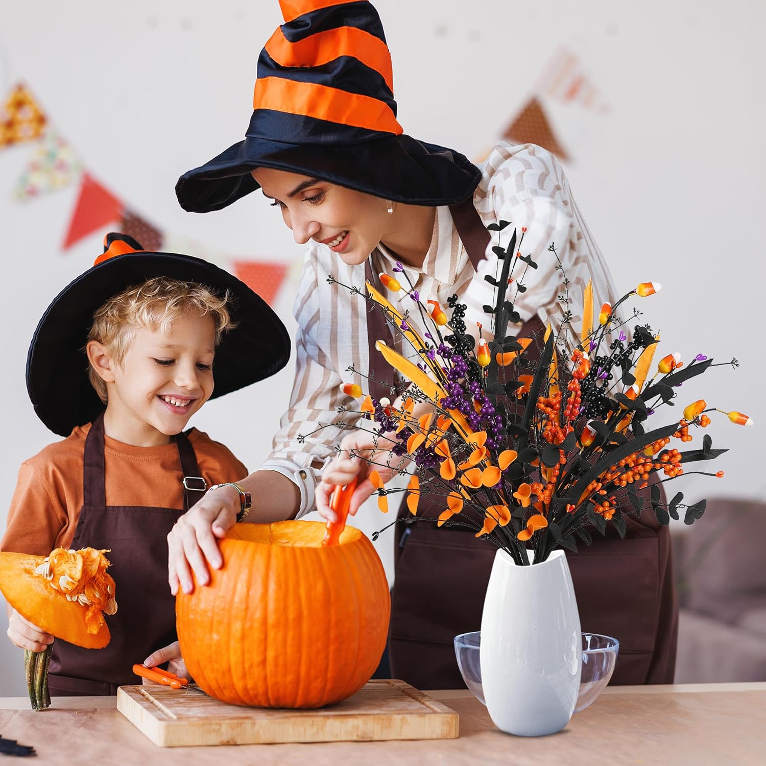 6 Pcs Artificial Halloween Stem Decor with Berries and Leaves