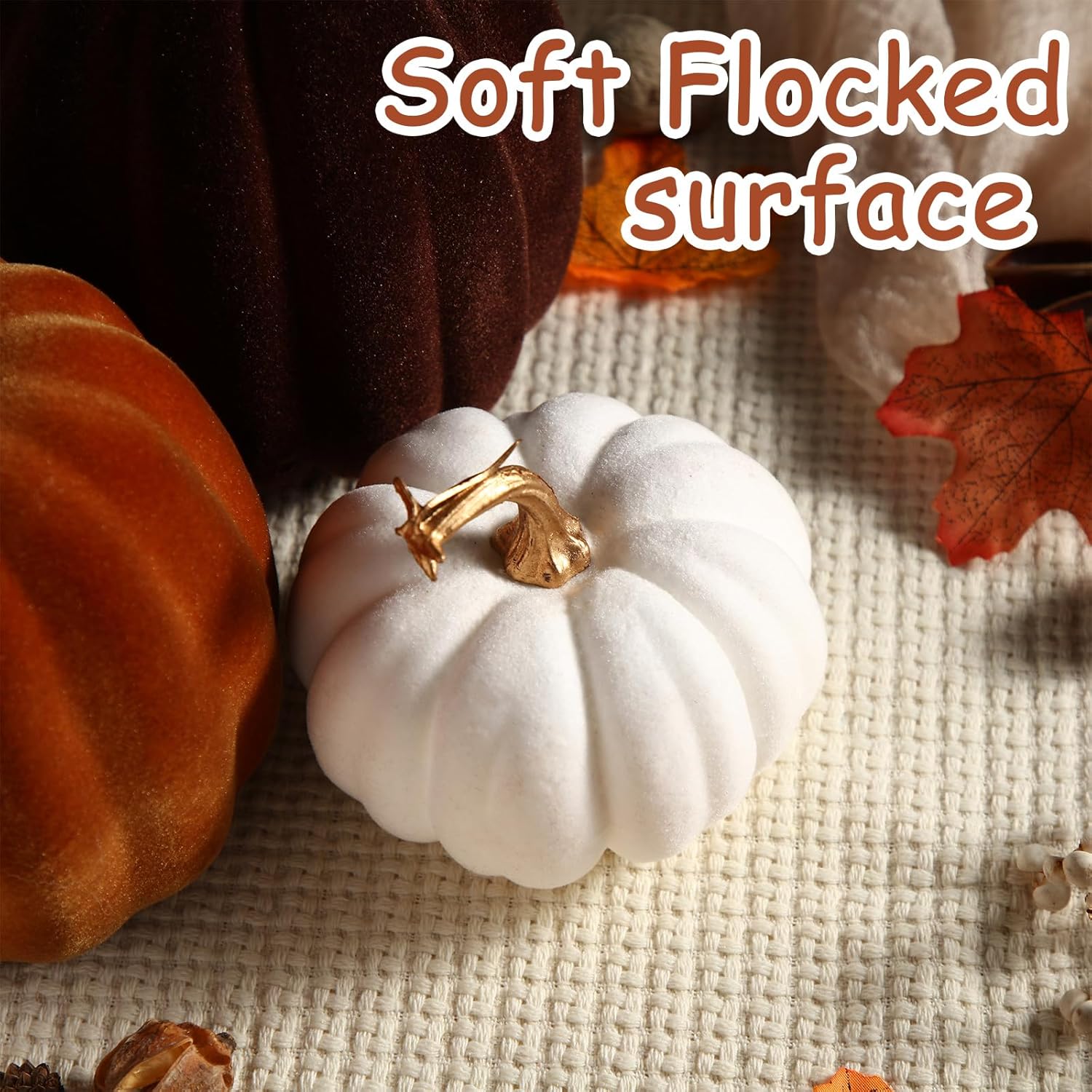 Wesiti 3 Pack Artificial Flocked Pumpkins for Fall Decor