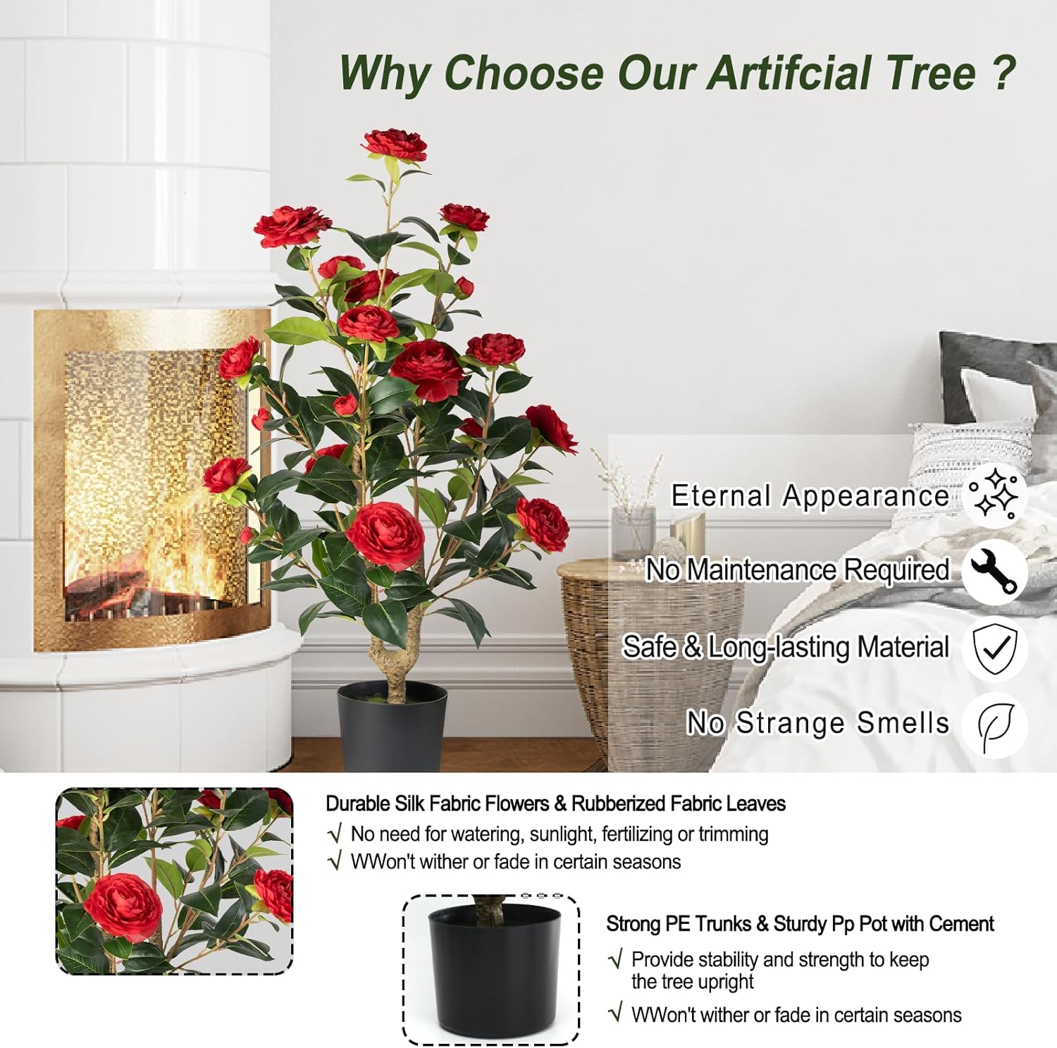 Artificial Camellia Tree Set of 2 - Red Flowers Realistic Design