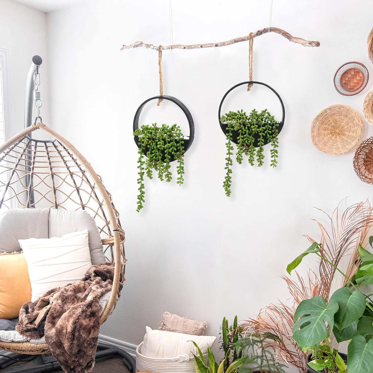 CEWOR 2pcs Artificial Hanging Succulent Plants Black Boho Wall Decor