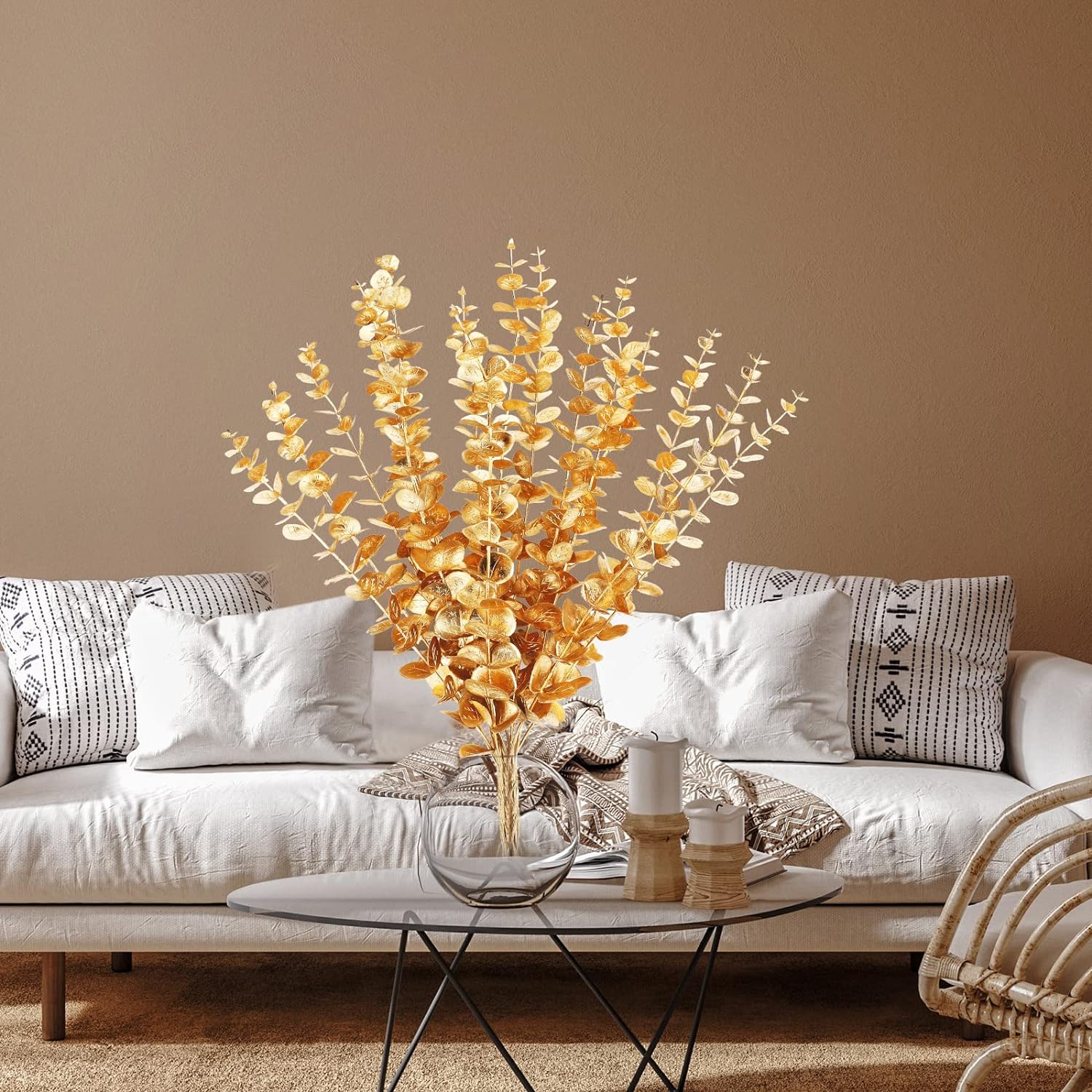 Waydress 12 Piece Gold Eucalyptus Spray Artificial Flower Decor