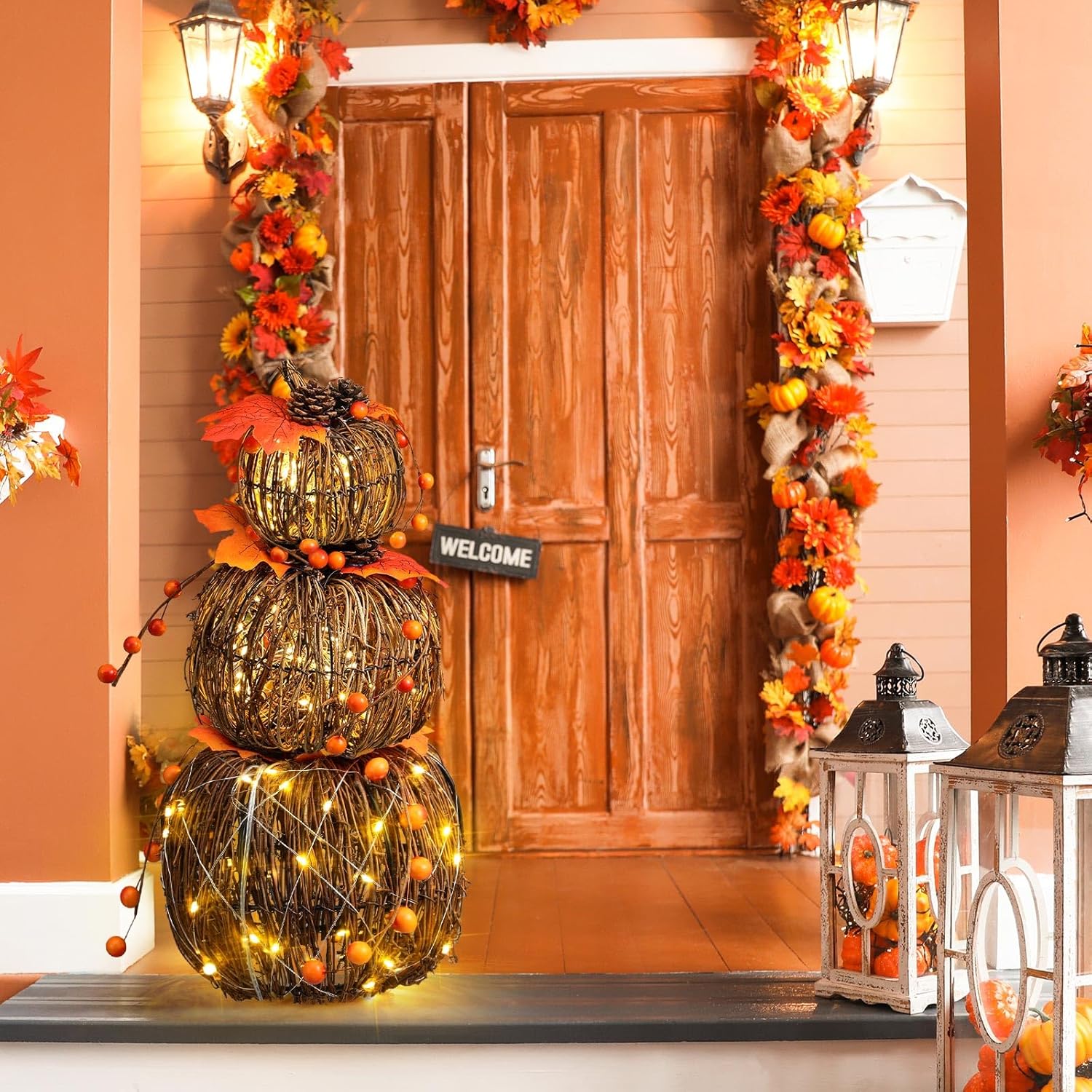 3 Pcs Rattan Lighted Pumpkin Fall Decorations