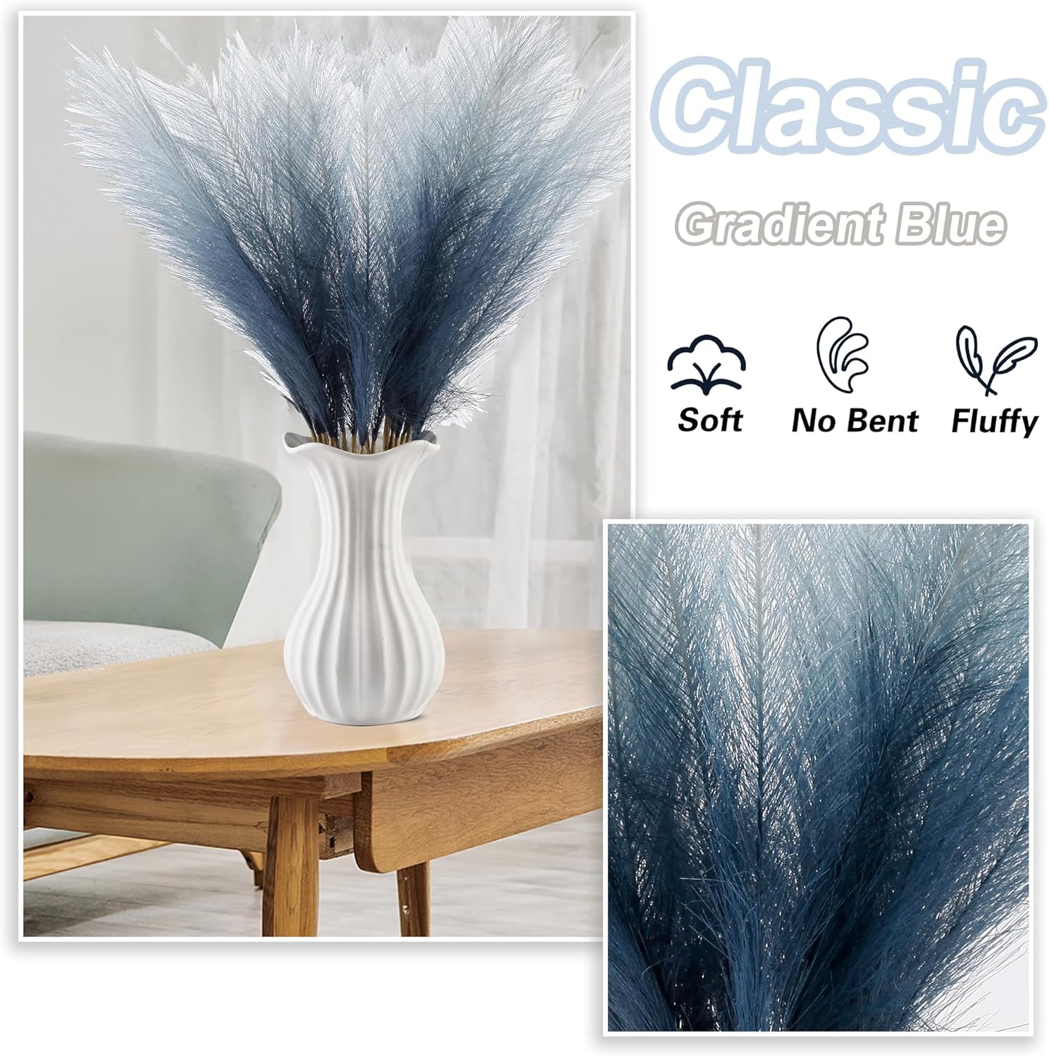 20Pcs Navy Blue Gradient Faux Pampas Grass Decor
