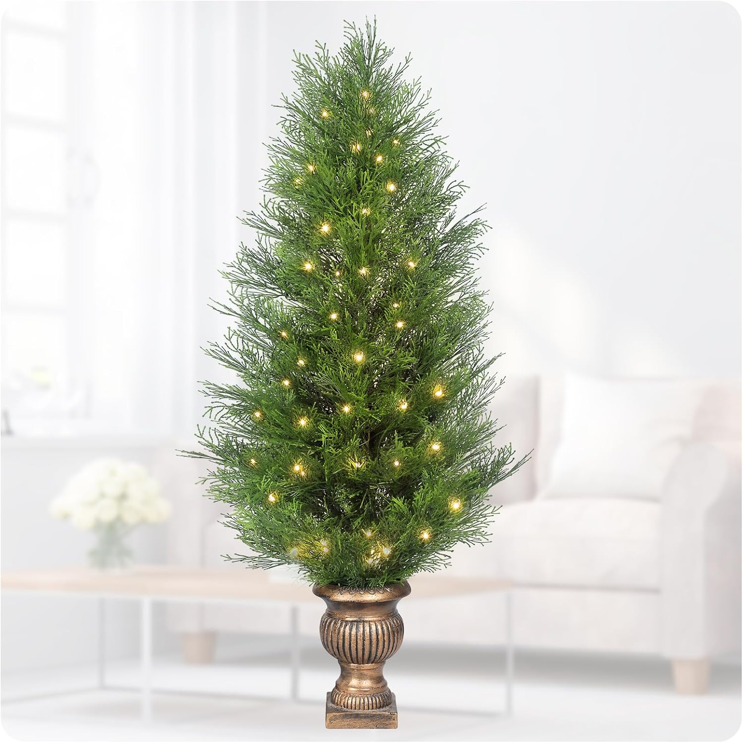 4FT Pre-Lit Artificial Cypress Tree with LED Lights