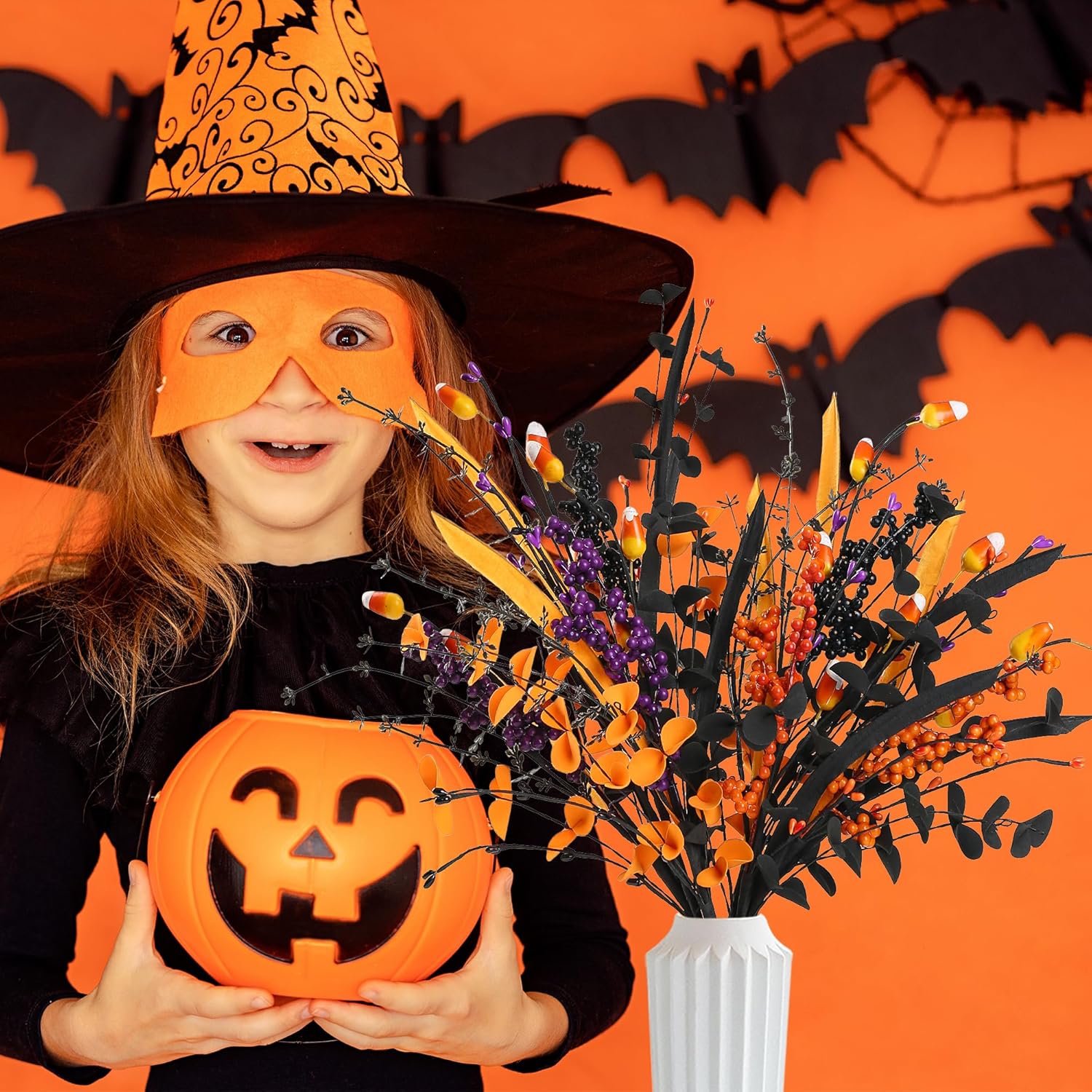 6 Pcs Artificial Halloween Stem Decor with Berries and Leaves