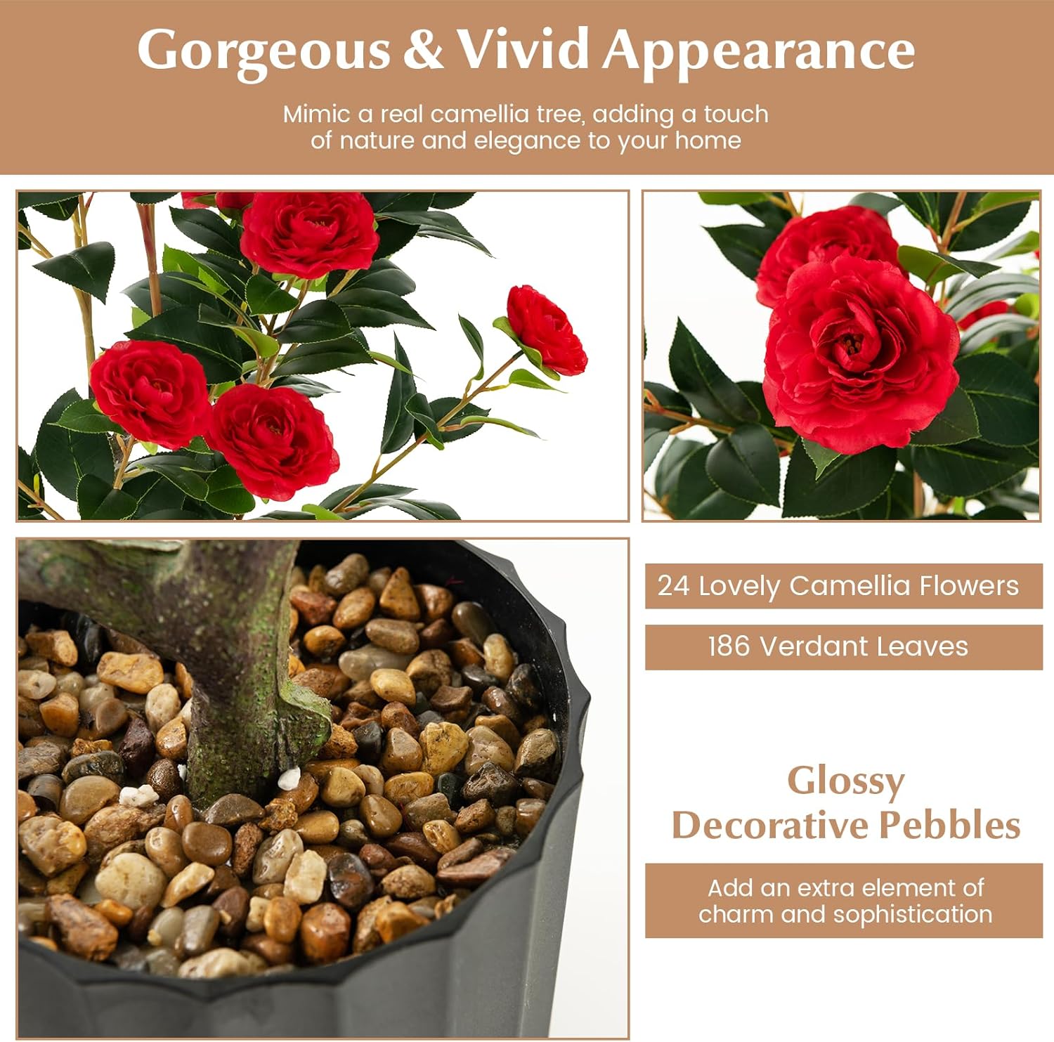 DREAMADE 38 Inch Artificial Camellia Tree with Cement Pot