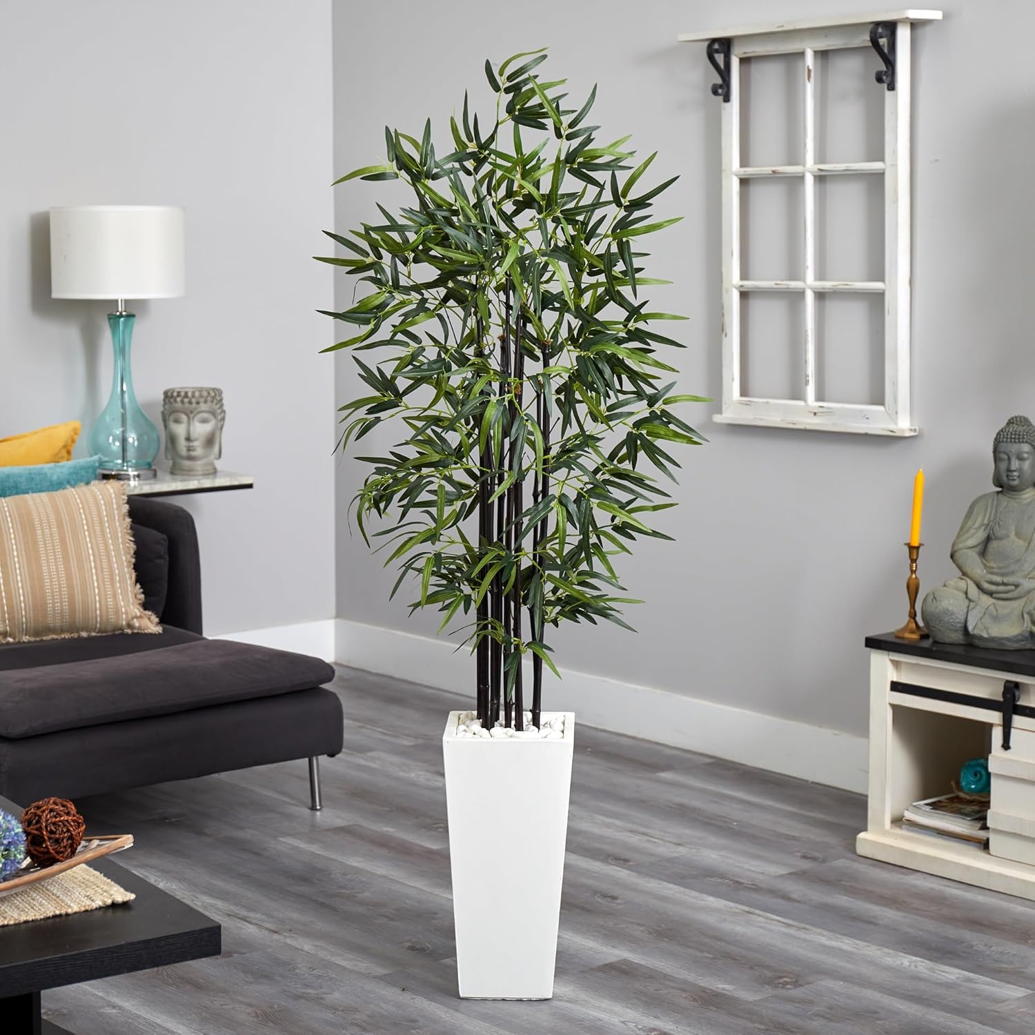 Nearly Natural 5864 Black Bamboo Artificial Tree in White Planter