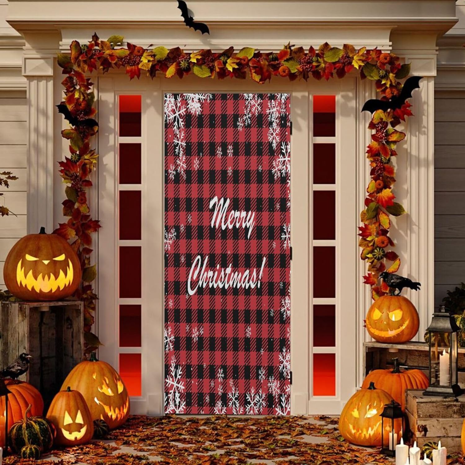 Susiyo Christmas Snowflakes Buffalo Plaid Door Cover 32x79 in