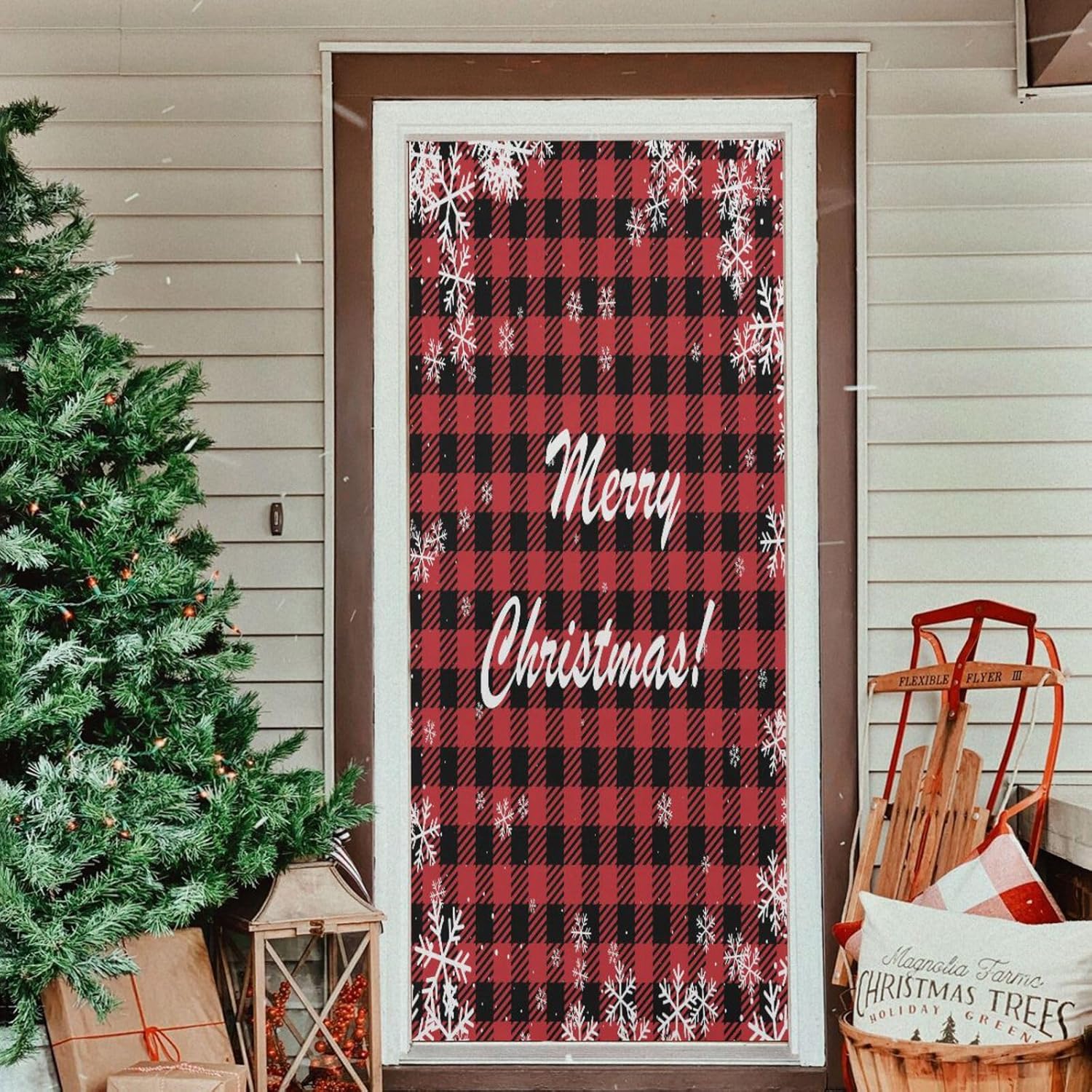 Susiyo Christmas Snowflakes Buffalo Plaid Door Cover 32x79 in