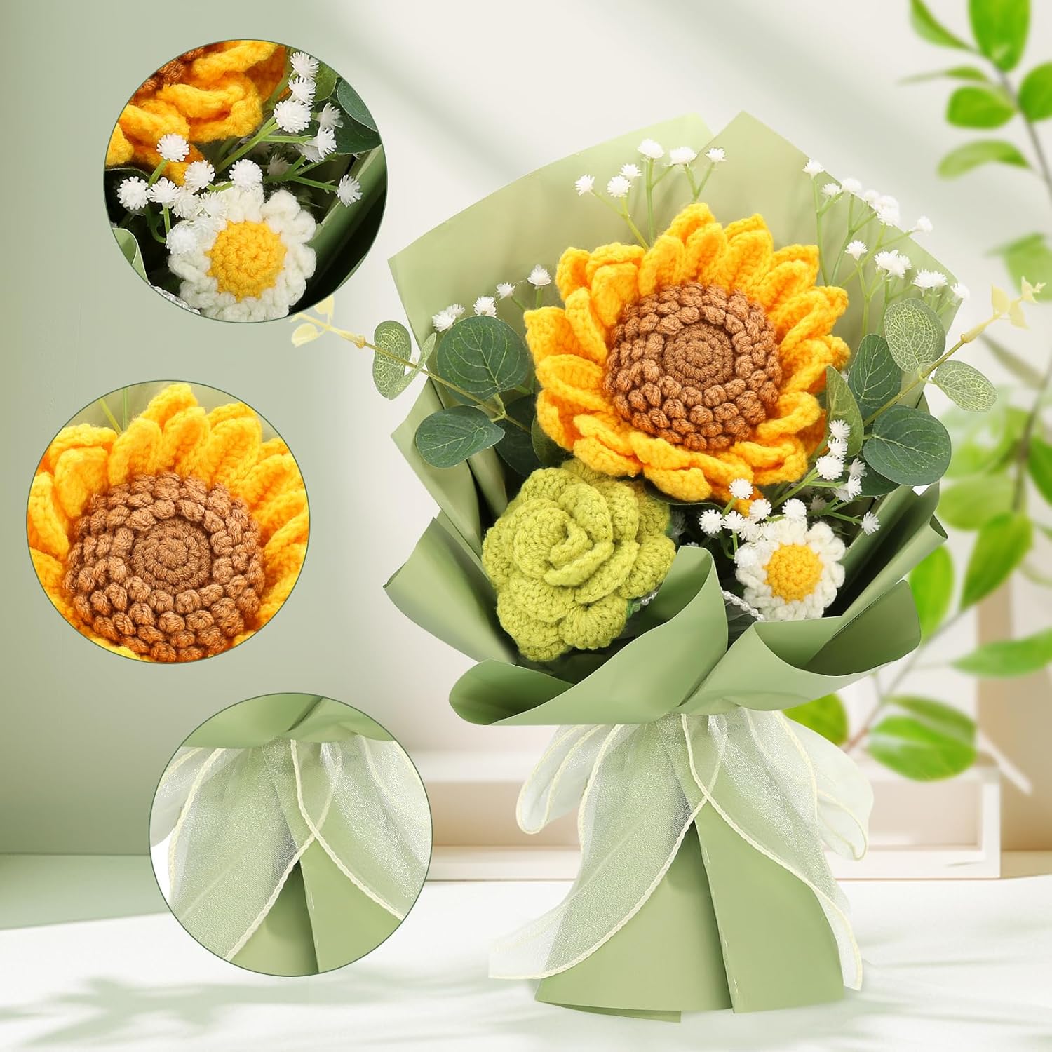 Handmade Crochet Sunflowers and Roses Bouquet for Gifts
